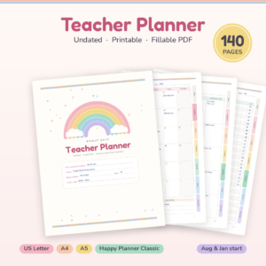 Bright Days printable teacher planner, 140 undated pages