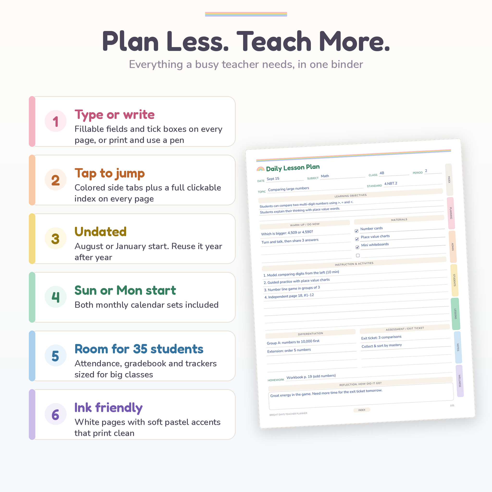Teacher planner features: fillable PDF, clickable tabs, undated