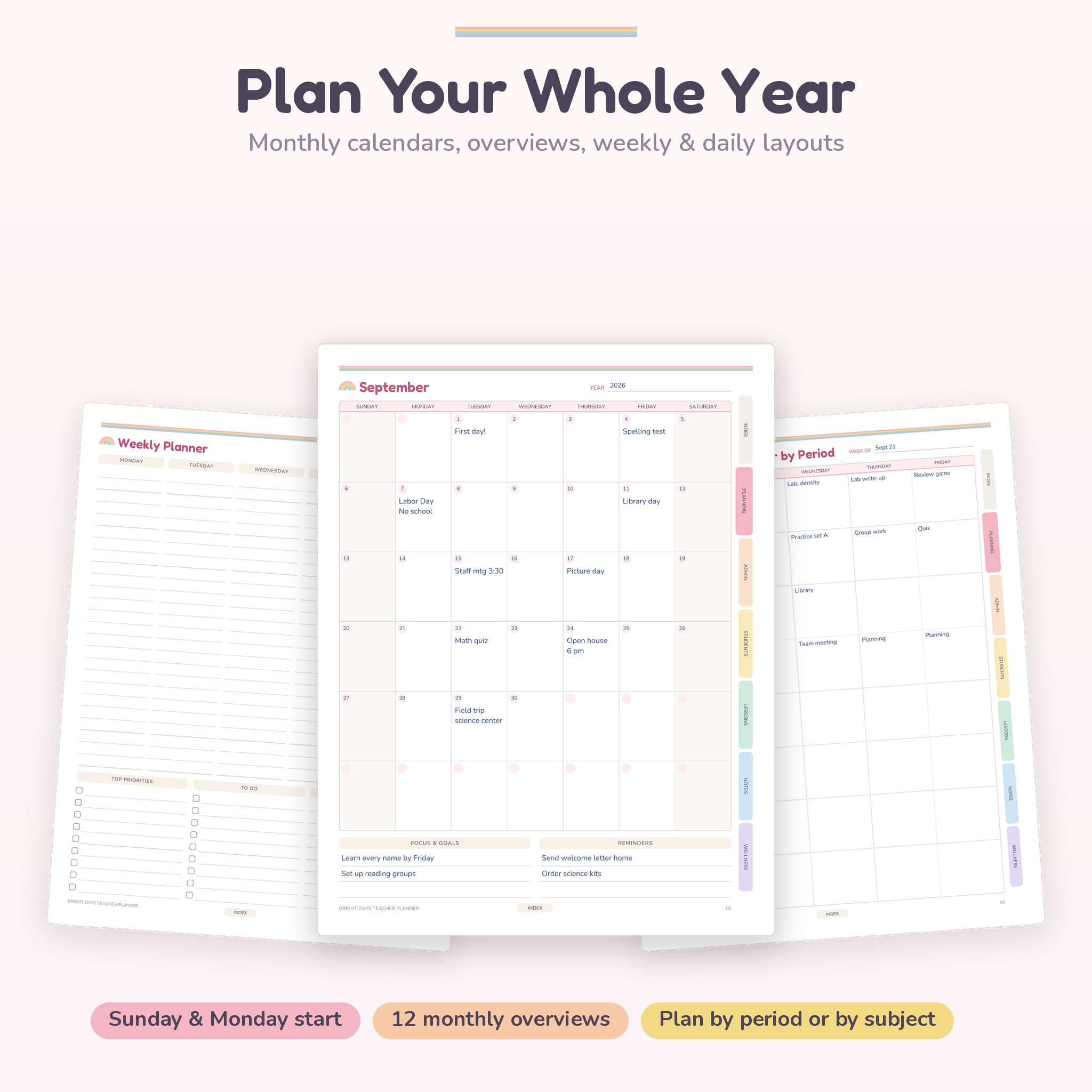 Monthly calendar, weekly lesson planner and daily planner pages