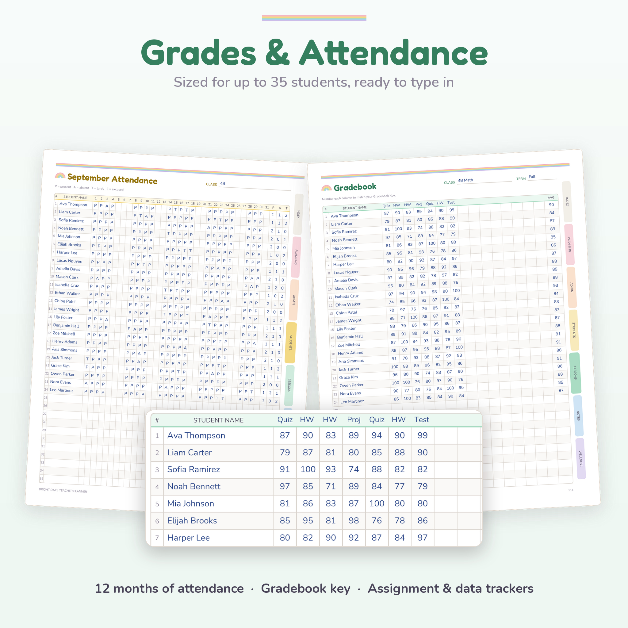 Printable gradebook and monthly attendance tracker for 35 students