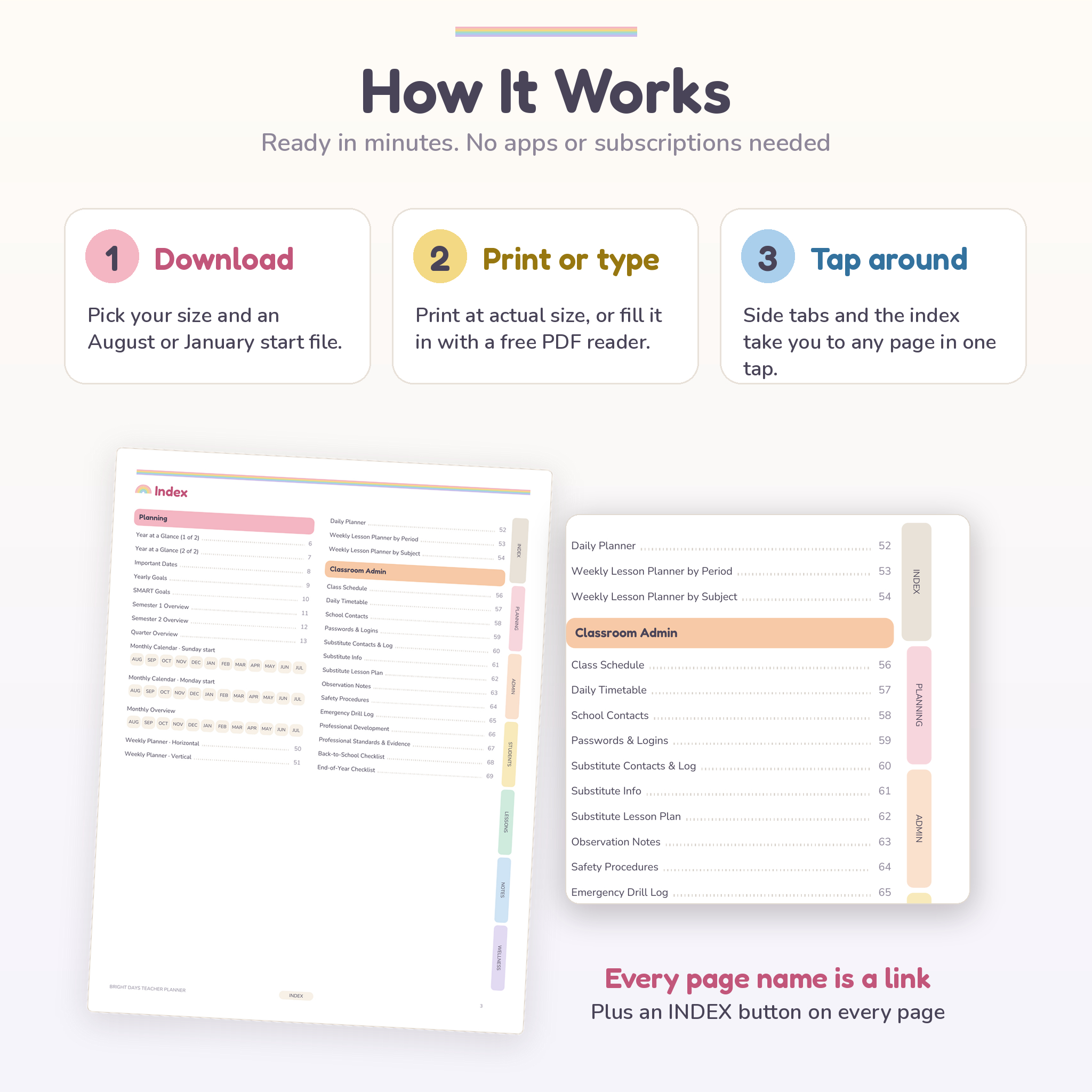 How the fillable teacher planner works: download, print or type, tap tabs