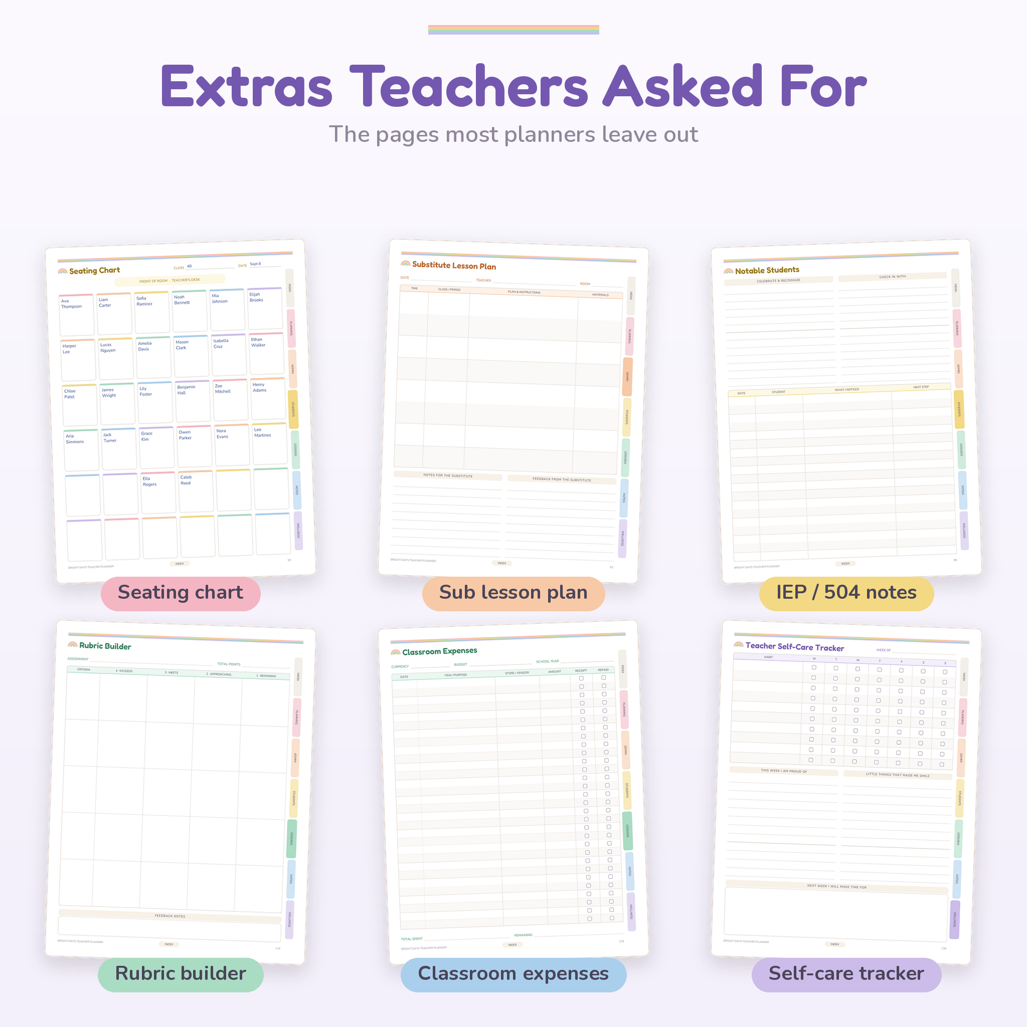 Seating chart, sub plan, IEP notes, rubric and expense pages