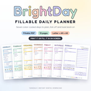 BrightDay Fillable Daily Planner | Printable Daily Schedule, To-Do List, Habit Tracker and Weekly Review PDF