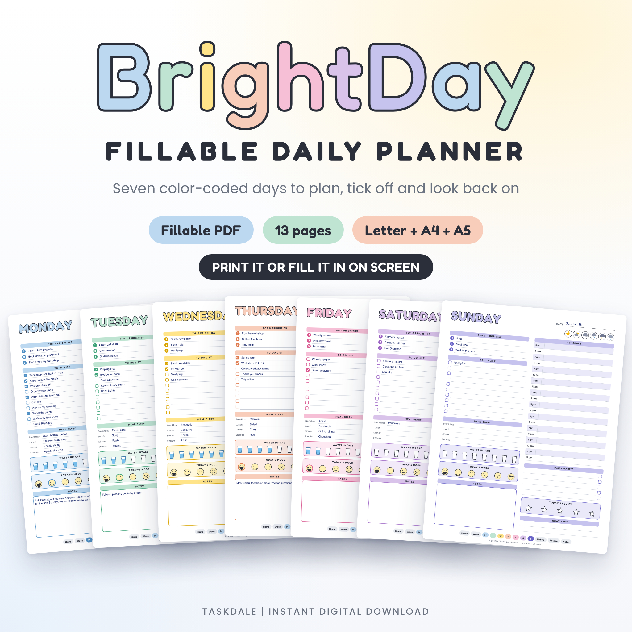 BrightDay Fillable Daily Planner | Printable Daily Schedule, To-Do List, Habit Tracker and Weekly Review PDF