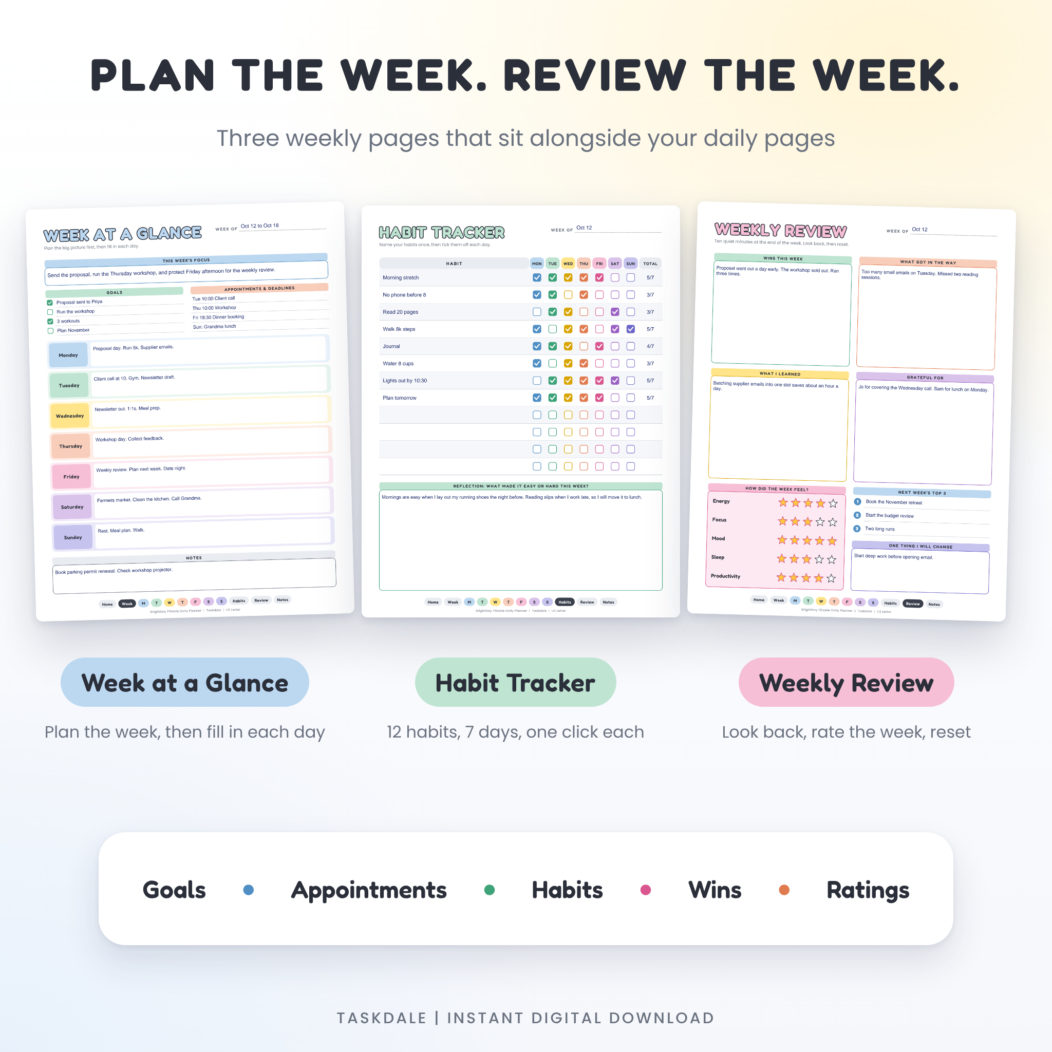 Week at a Glance, Habit Tracker and Weekly Review pages