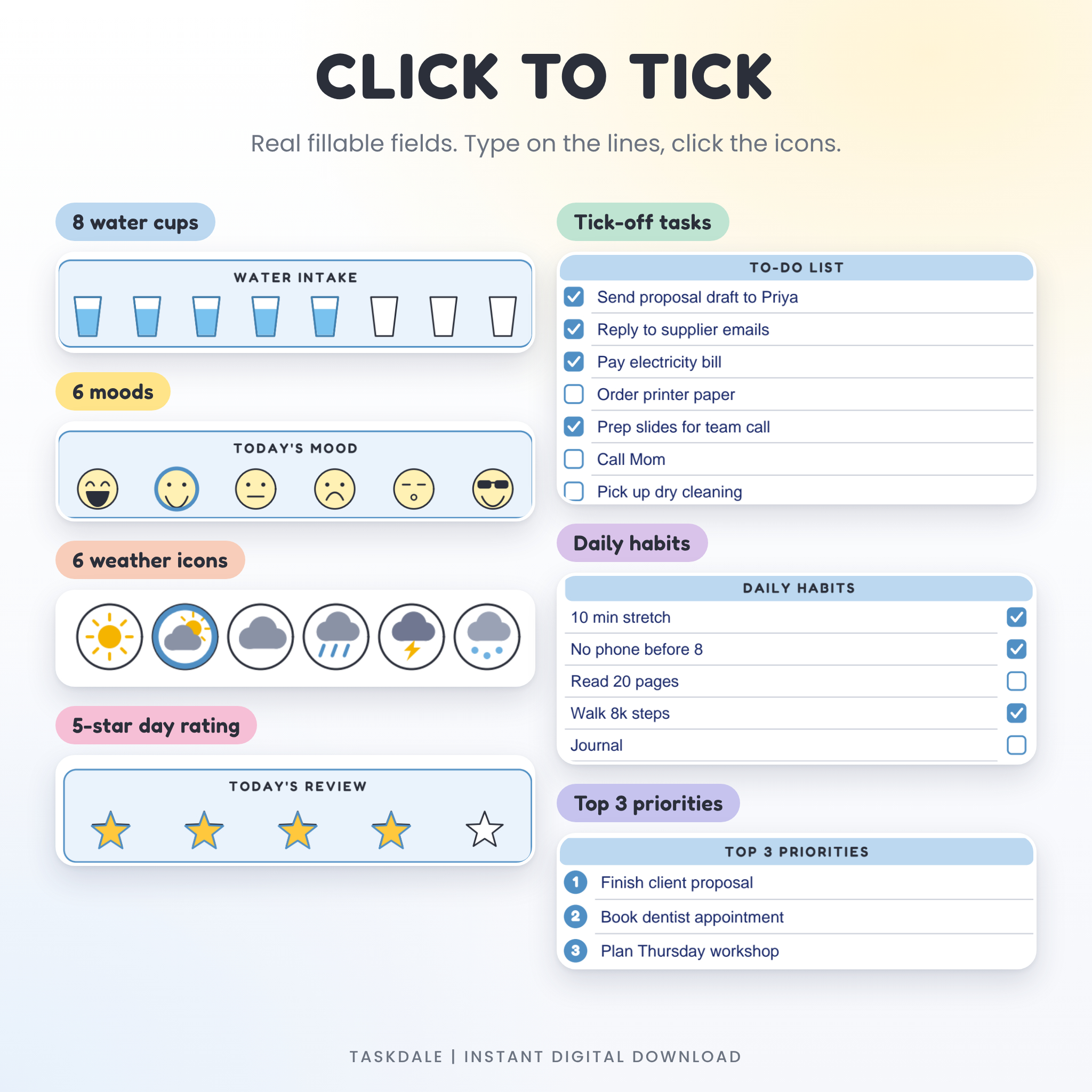Click to tick checkboxes, water cups, moods and stars