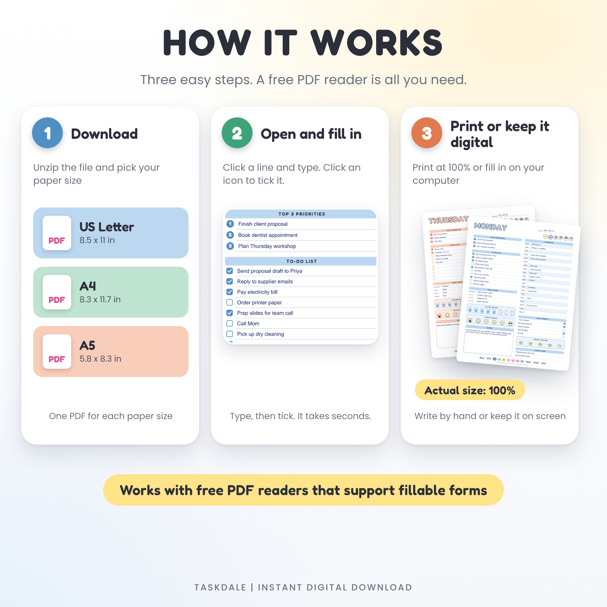 How it works in three steps: open, type, tap to tick