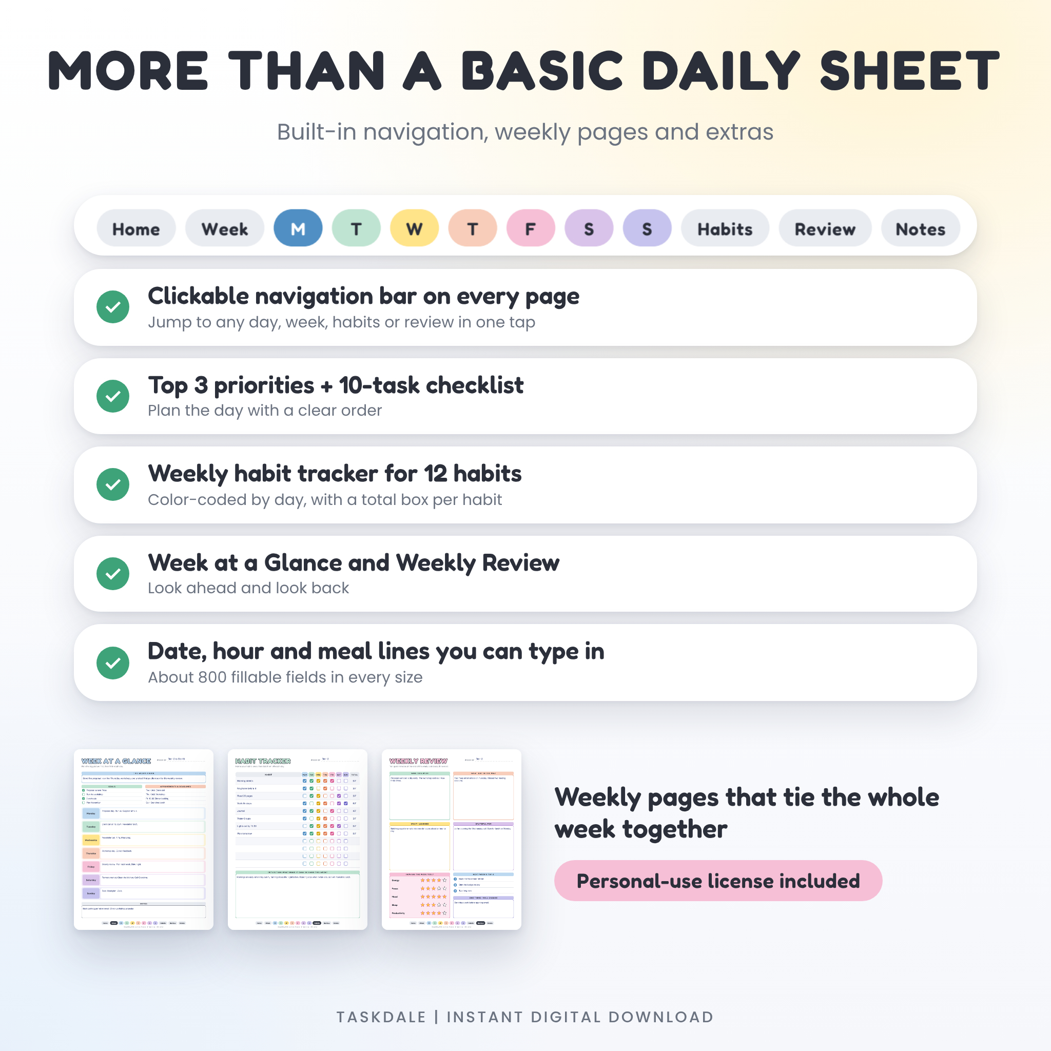 Navigation bar and extras that go beyond a basic daily sheet