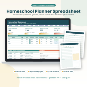 Homeschool planner spreadsheet dashboard on a laptop with printable pages