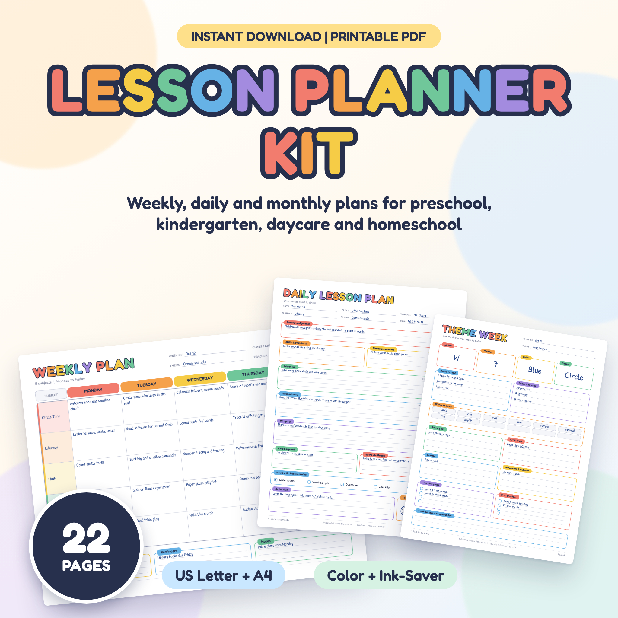 Brightside Printable Lesson Planner Kit | Weekly and Daily Lesson Plan Templates for Preschool, Kindergarten, Daycare and Homeschool | Letter and A4 PDF
