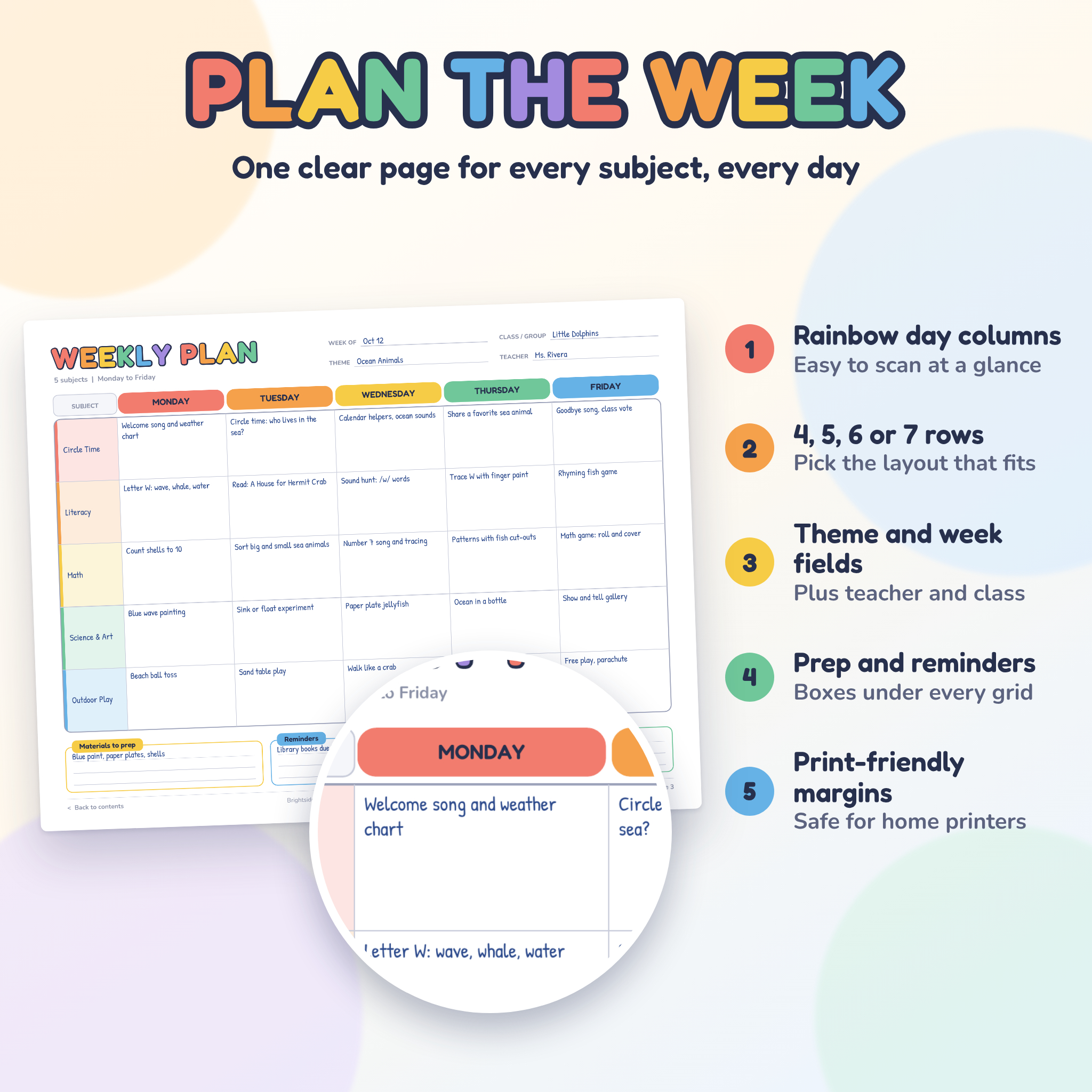 Brightside Printable Lesson Planner Kit | Weekly and Daily Lesson Plan Templates for Preschool, Kindergarten, Daycare and Homeschool | Letter and A4 PDF - Image 2