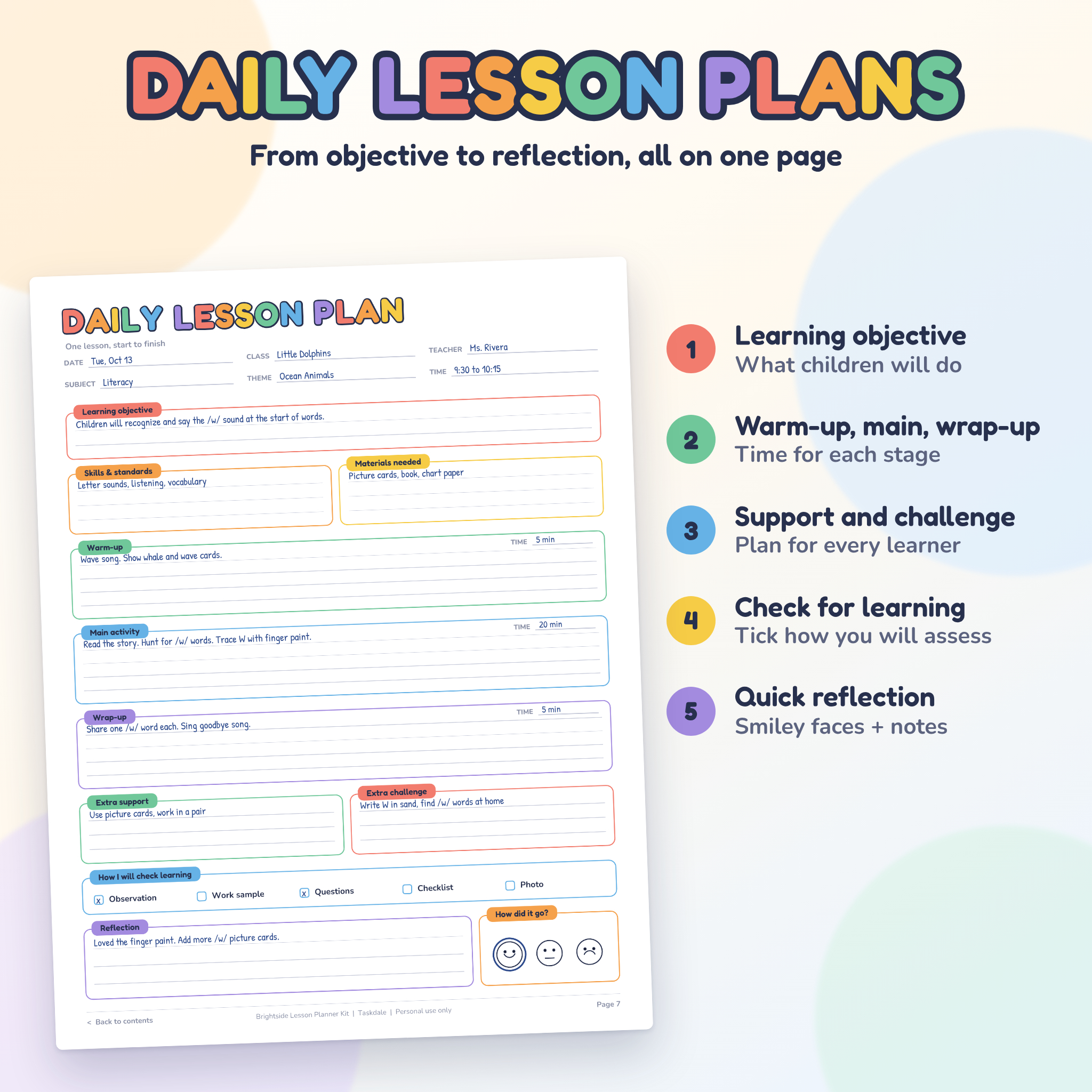 Brightside Printable Lesson Planner Kit | Weekly and Daily Lesson Plan Templates for Preschool, Kindergarten, Daycare and Homeschool | Letter and A4 PDF - Image 5