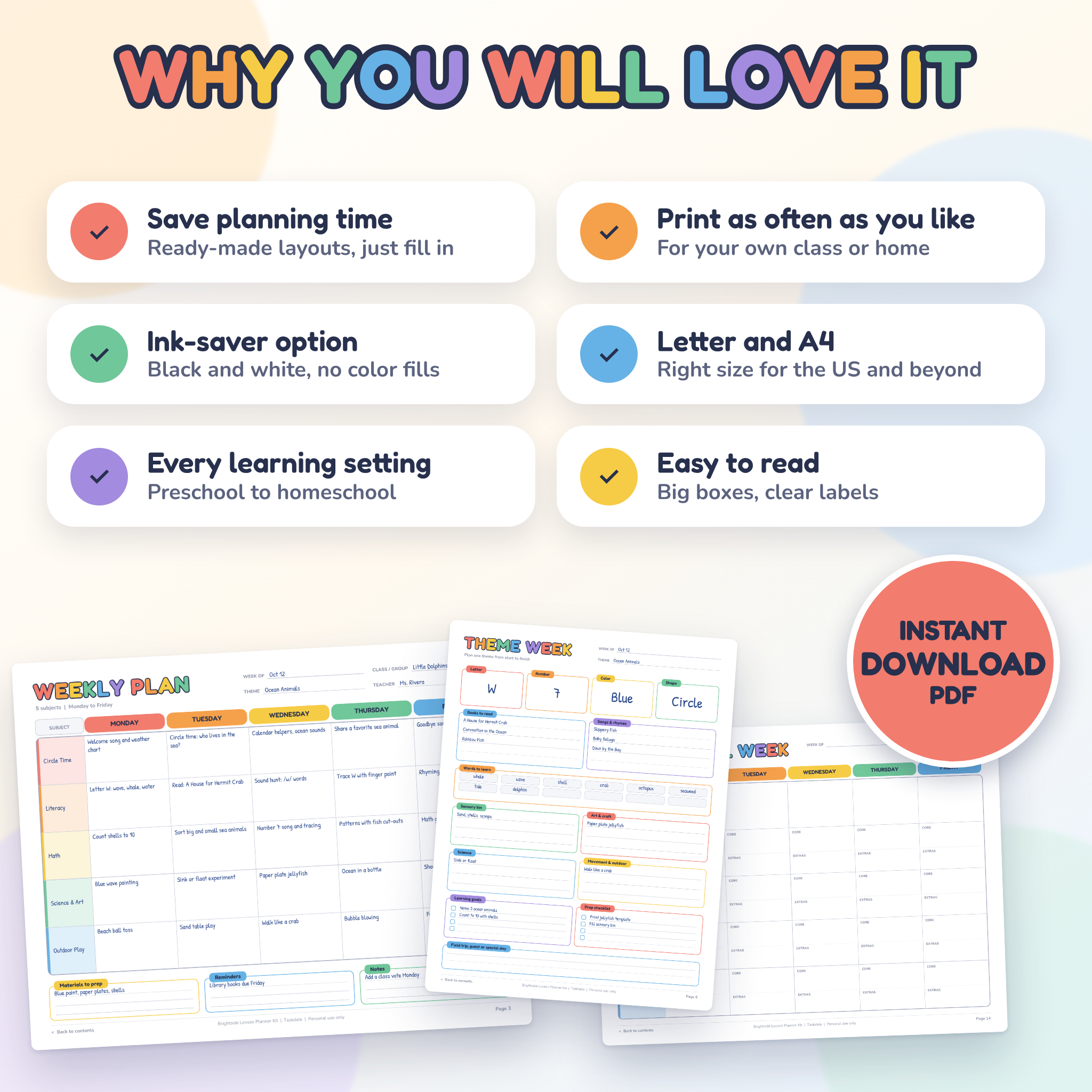 Brightside Printable Lesson Planner Kit | Weekly and Daily Lesson Plan Templates for Preschool, Kindergarten, Daycare and Homeschool | Letter and A4 PDF - Image 8