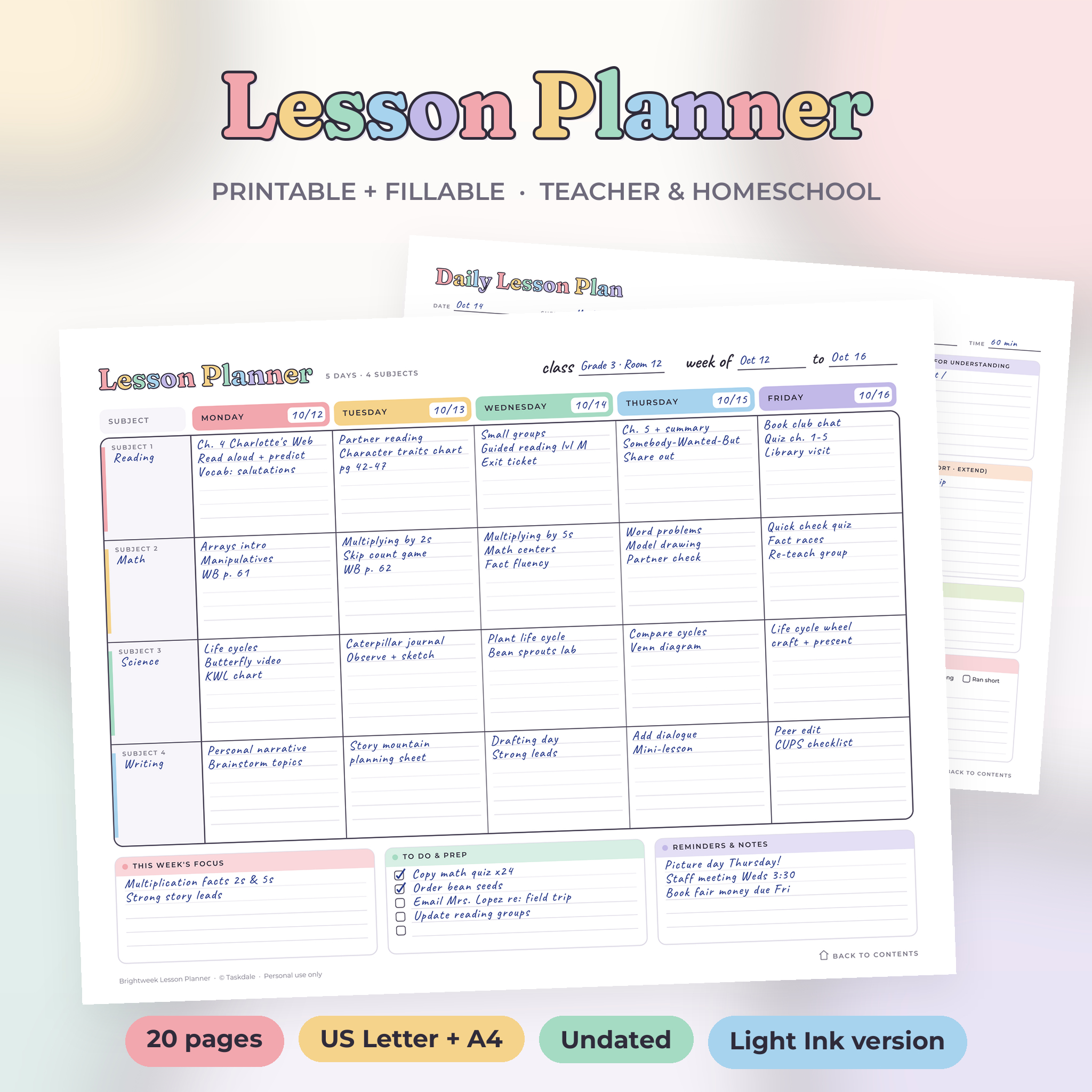 Brightweek printable lesson planner weekly page filled in with sample lessons