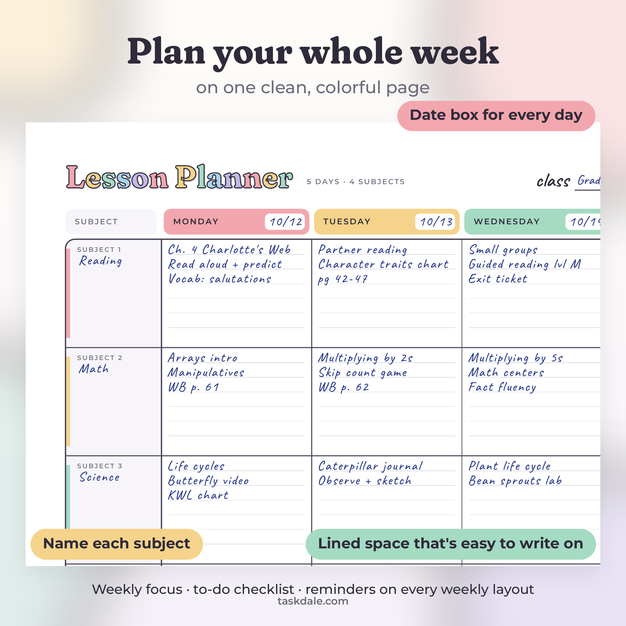 Weekly lesson plan close-up with date boxes and subject labels