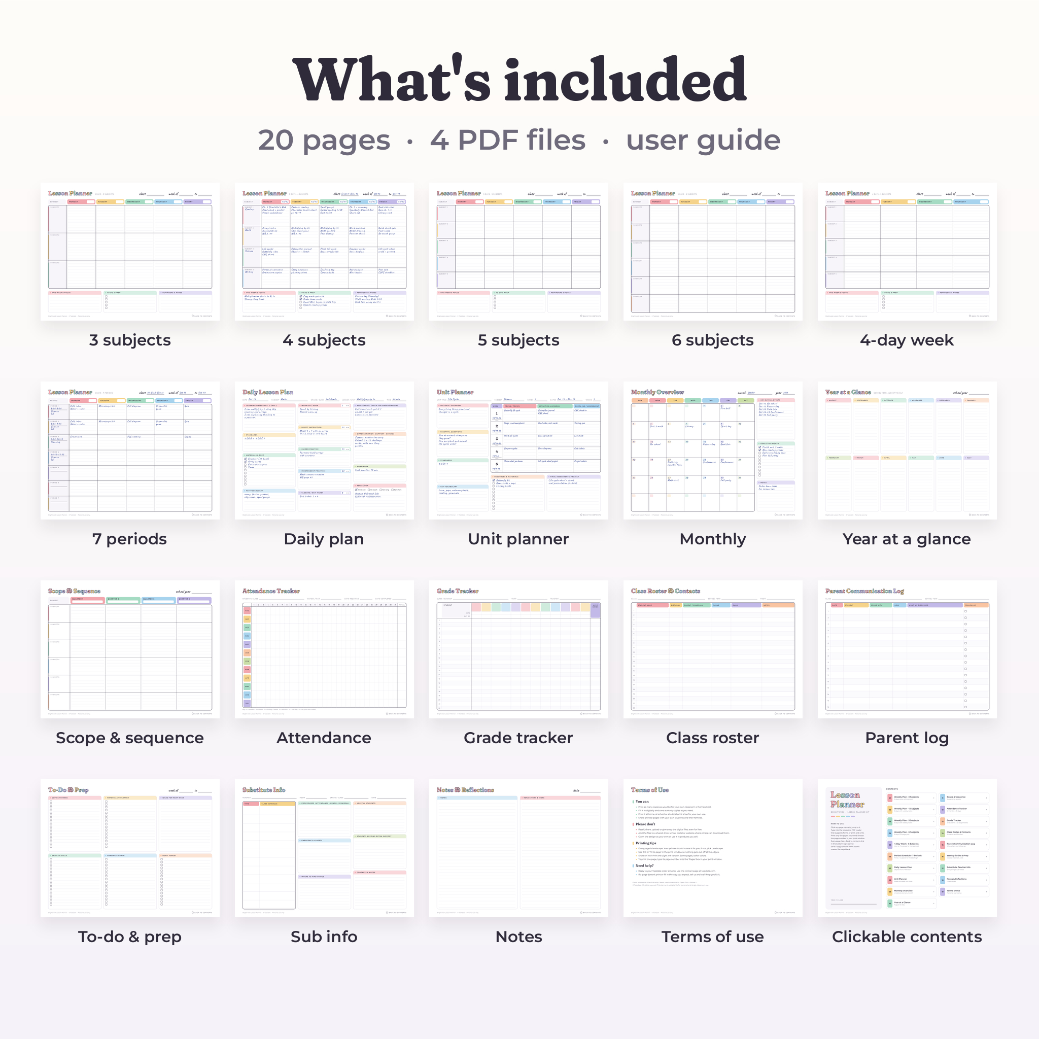 All 20 pages included in the printable lesson planner kit