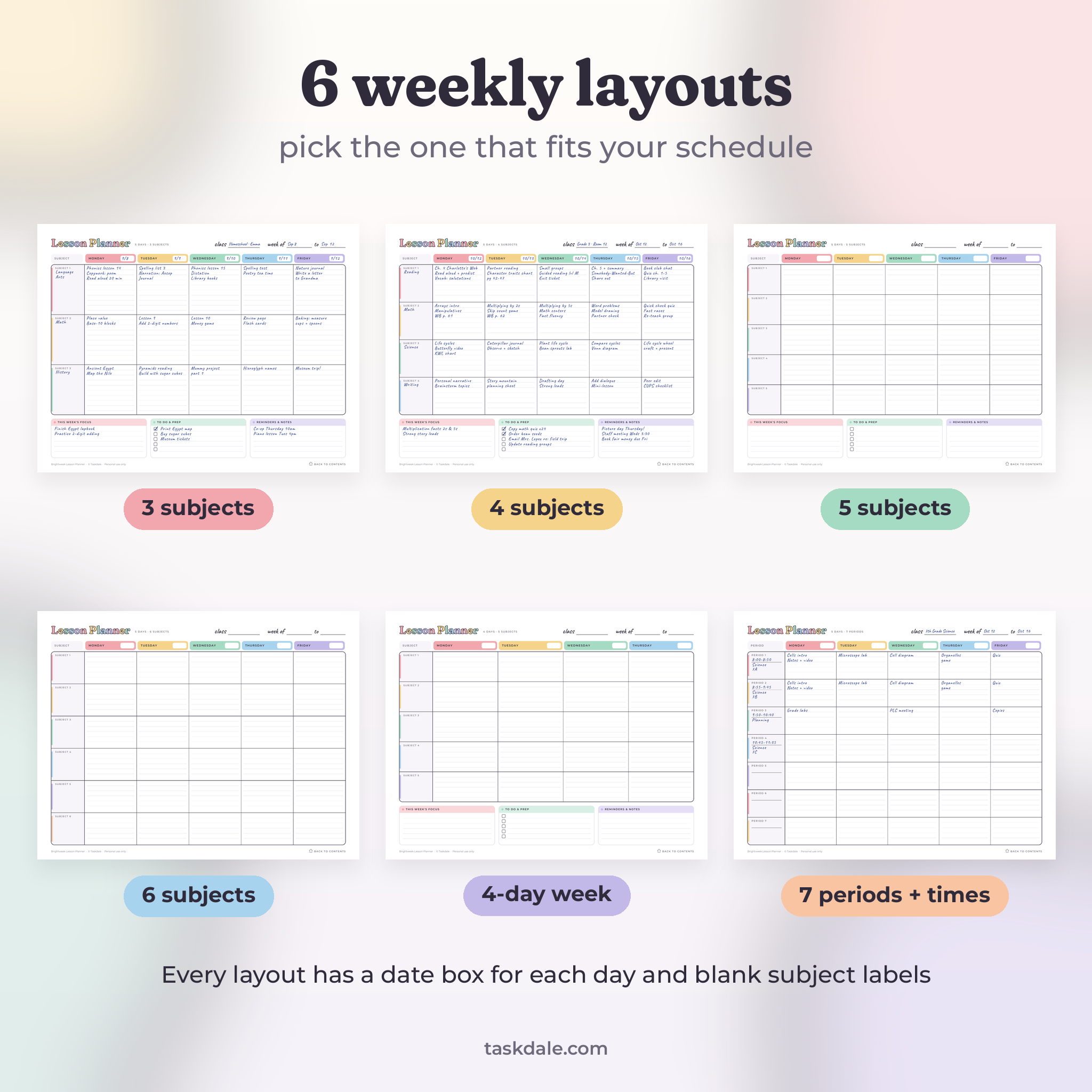 Six weekly lesson plan layouts: 3, 4, 5, 6 subjects, 4-day week and 7 periods