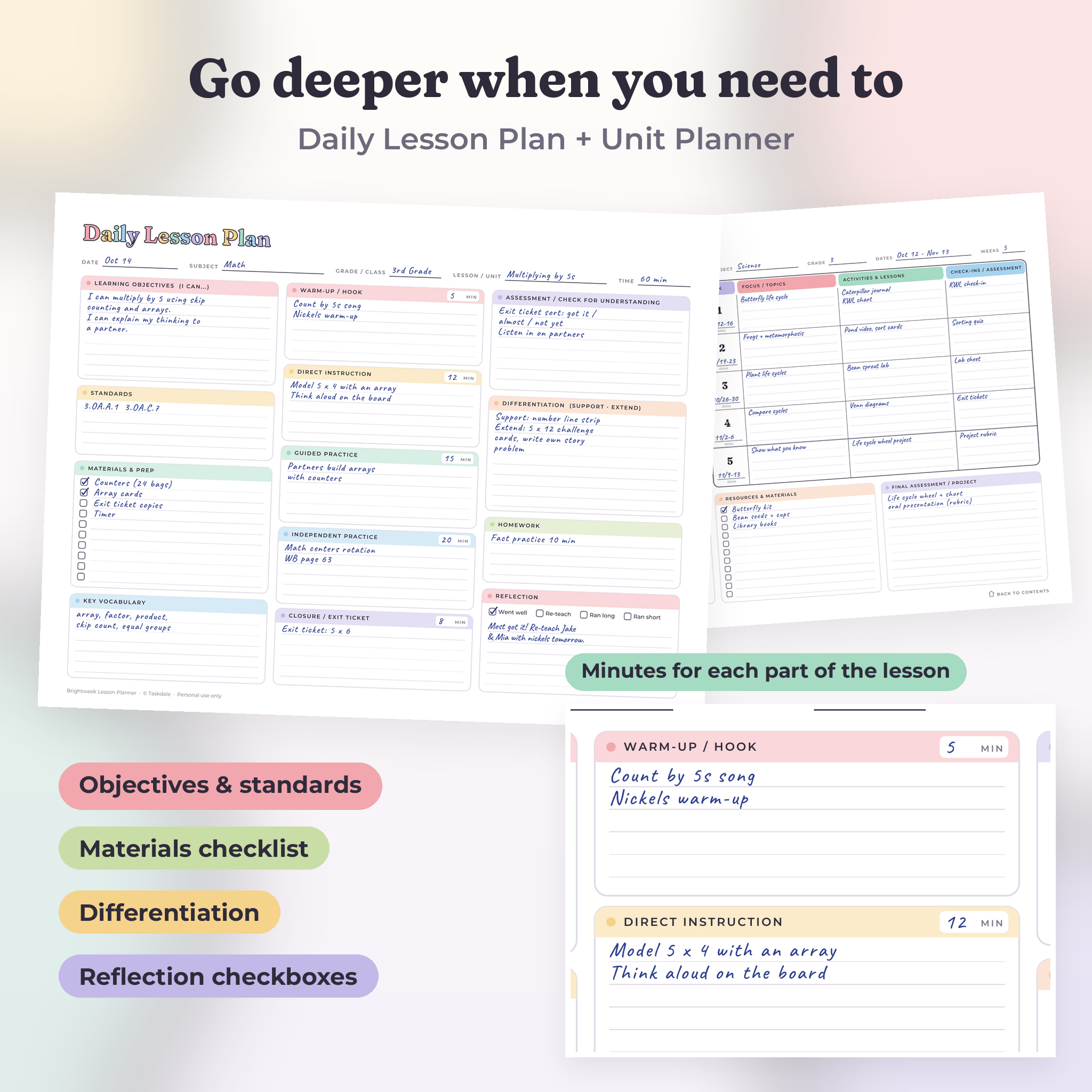Daily lesson plan and unit planner pages