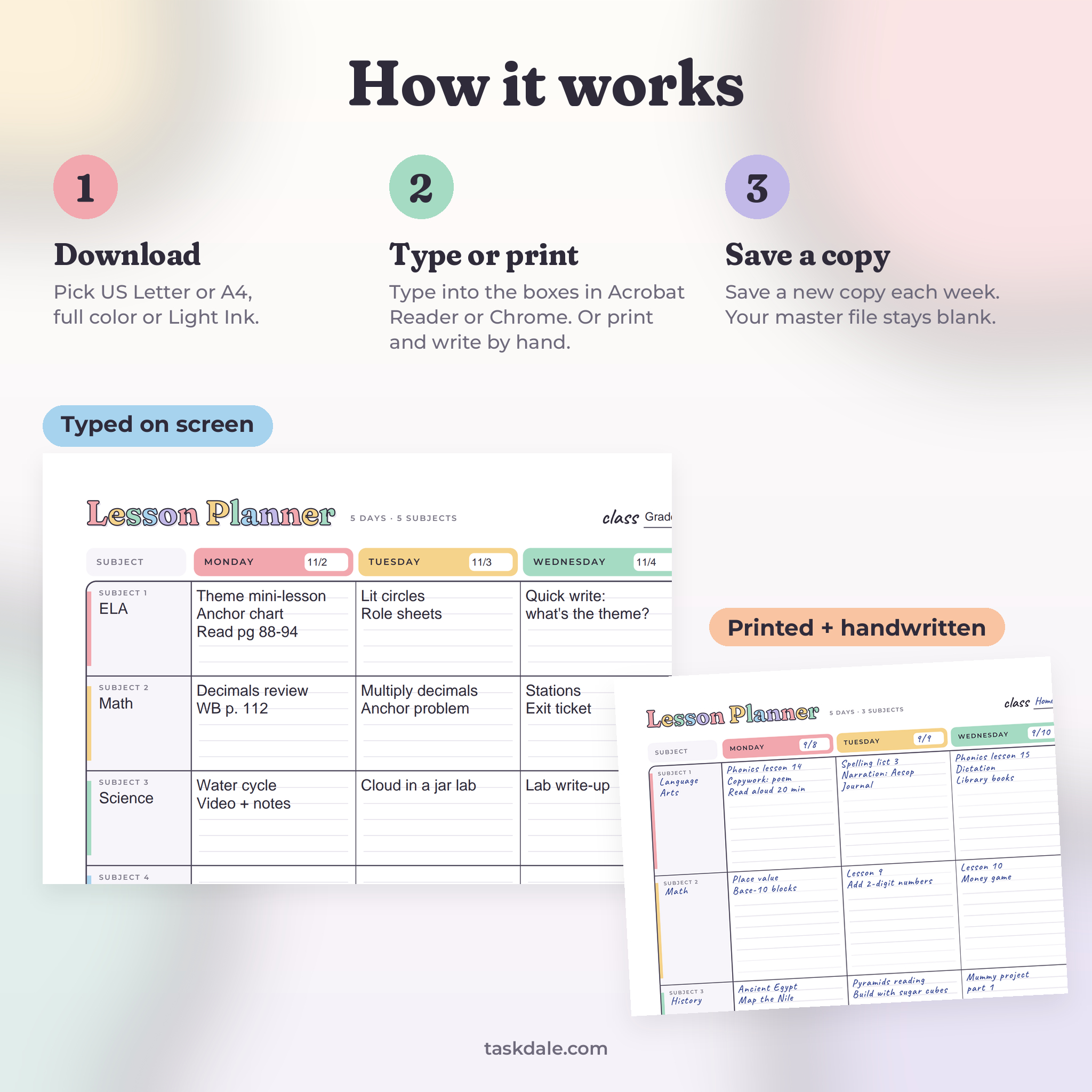 How the fillable lesson planner works: type on screen or print