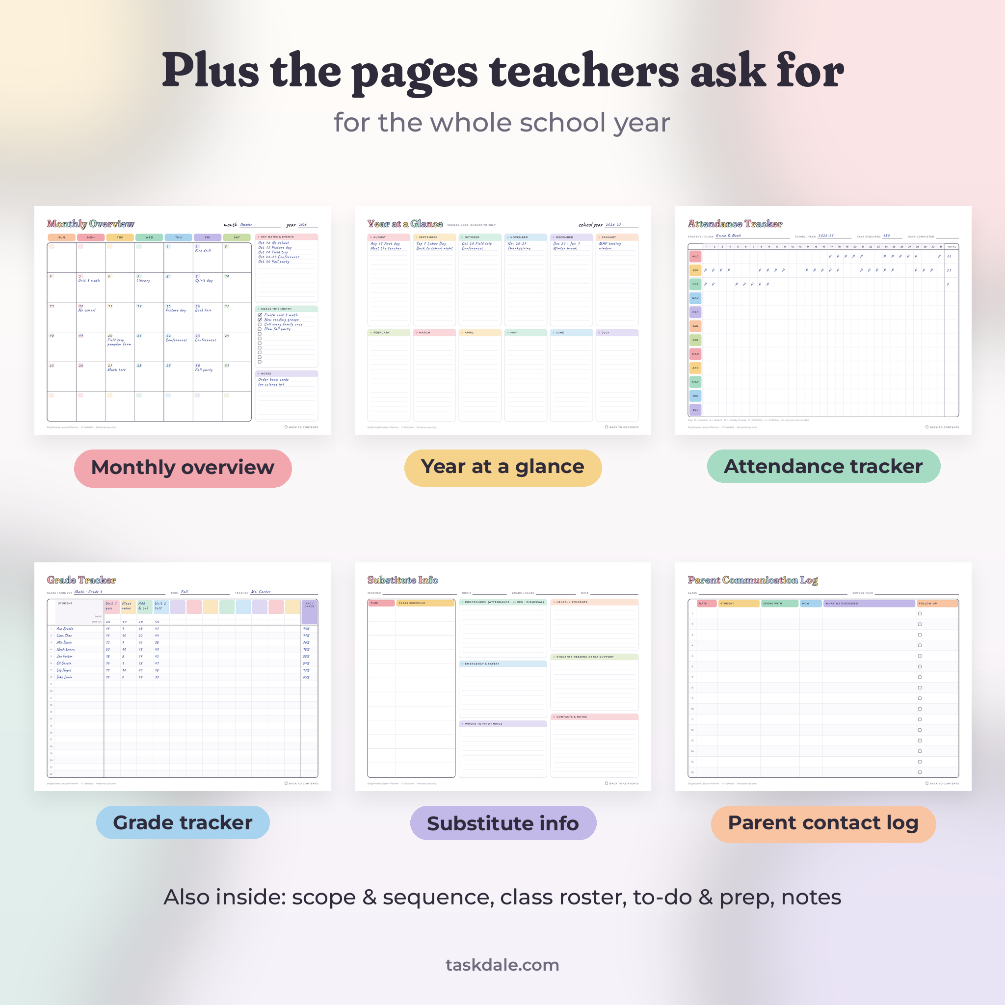 Monthly overview, year at a glance, attendance tracker and grade tracker pages