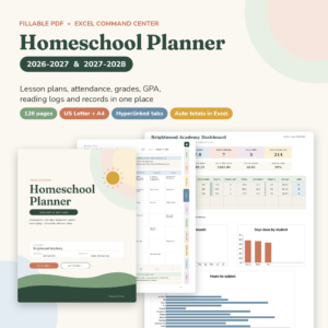 Brightwood Homeschool Planner 2026-2027 fillable PDF and Excel command center overview