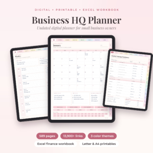 Business HQ digital business planner on iPad with monthly, weekly and pricing pages