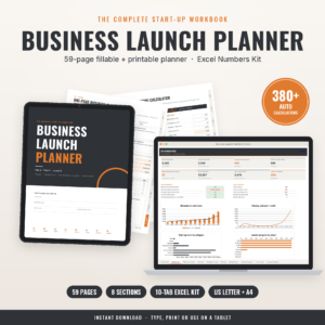 Business Launch Planner fillable startup planner PDF and Excel Numbers Kit on tablet and laptop