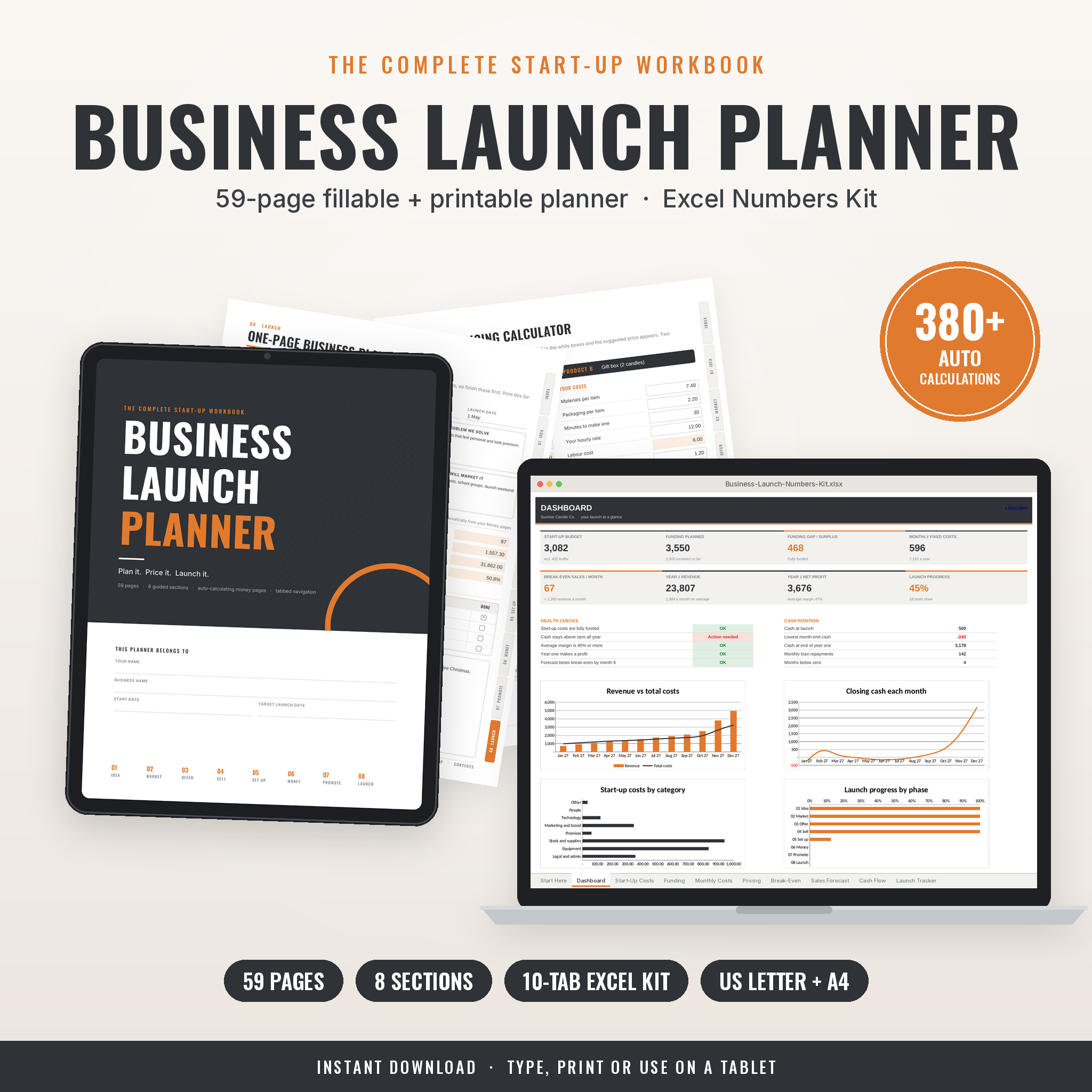 Business Launch Planner fillable startup planner PDF and Excel Numbers Kit on tablet and laptop