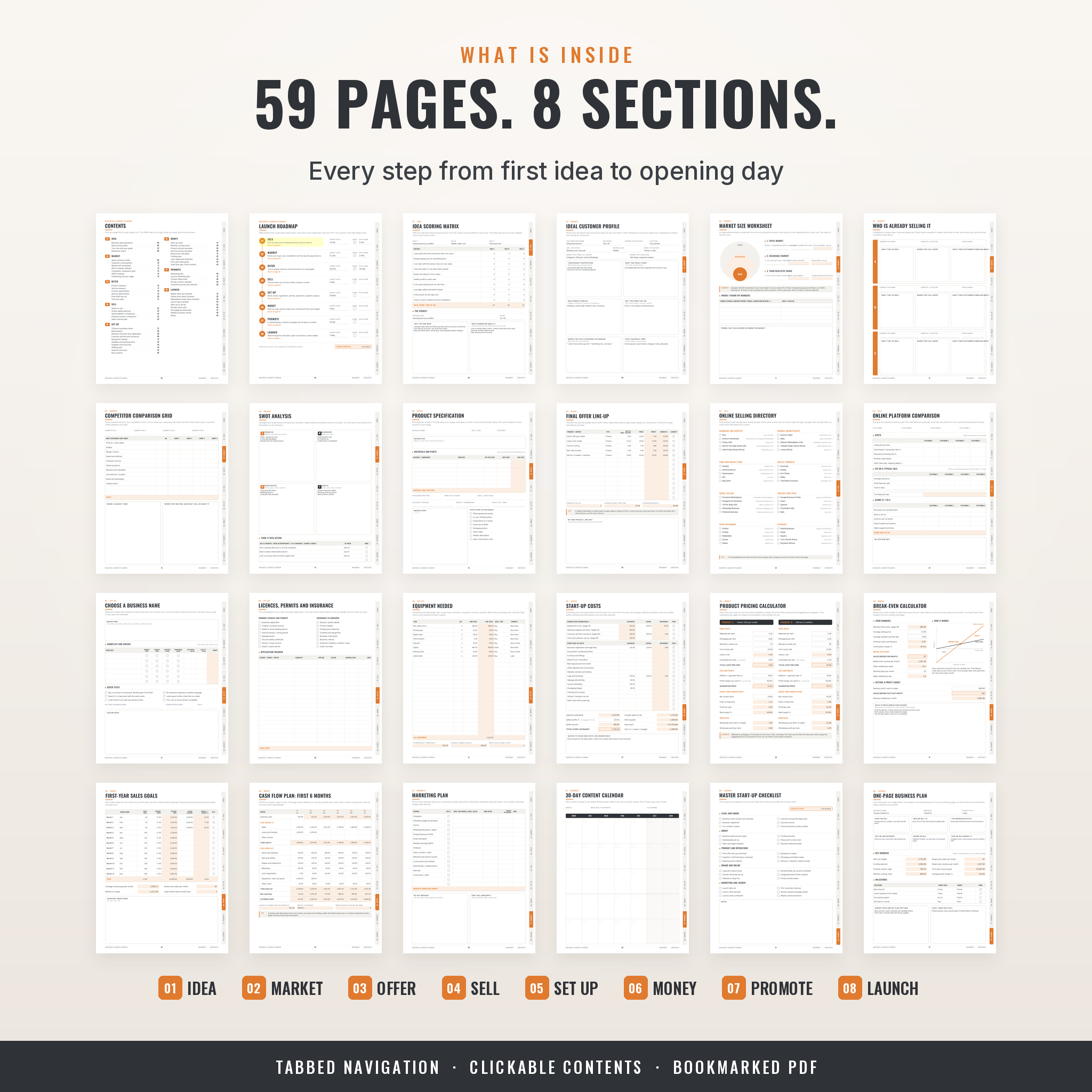 59 page business planner pages across 8 sections: idea, market, offer, sell, set up, money, promote, launch