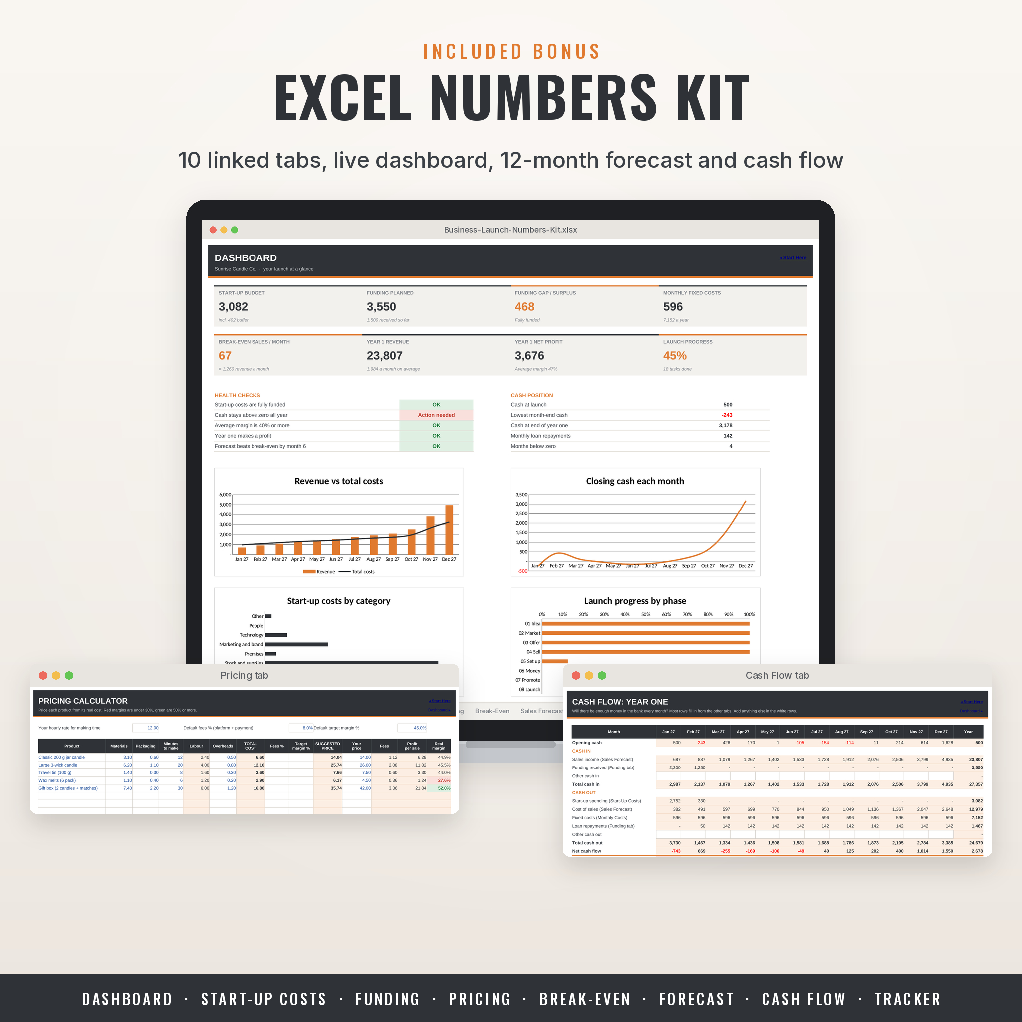 Excel Numbers Kit dashboard with pricing and cash flow tabs