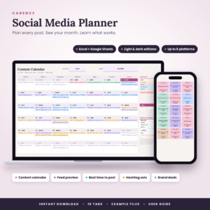 Cadence Social Media Planner spreadsheet on a laptop showing the content calendar, with a phone showing the feed grid