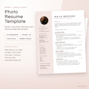 Calla photo resume template for Word and Google Docs in Blush