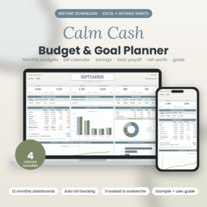Calm Cash Budget & Goal Planner spreadsheet on laptop and phone, Excel and Google Sheets