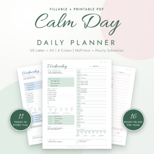 Calm Day daily planner printable, fillable PDF in US Letter and A4, four colors