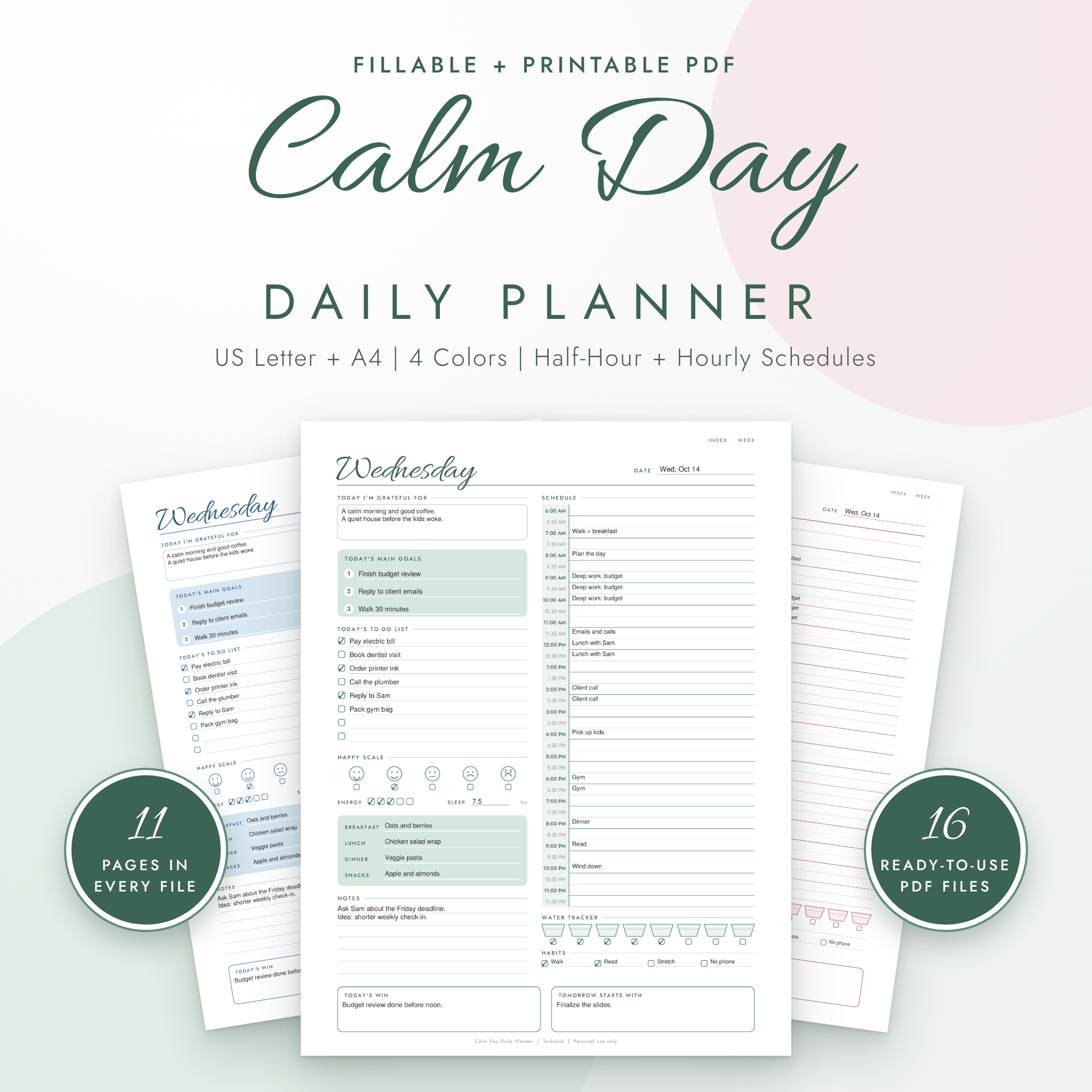 Calm Day daily planner printable, fillable PDF in US Letter and A4, four colors