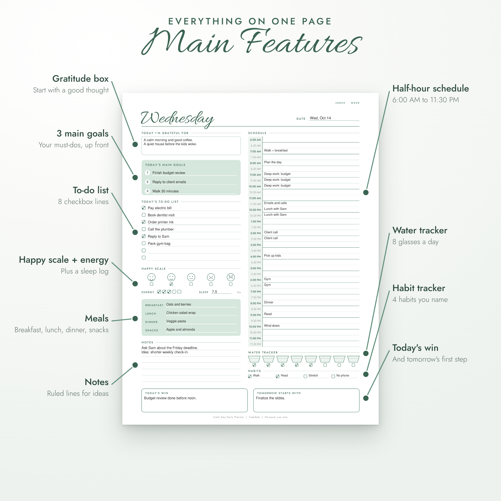 Calm Day daily planner main features: gratitude, goals, to-do list, schedule, mood, meals, water and habits