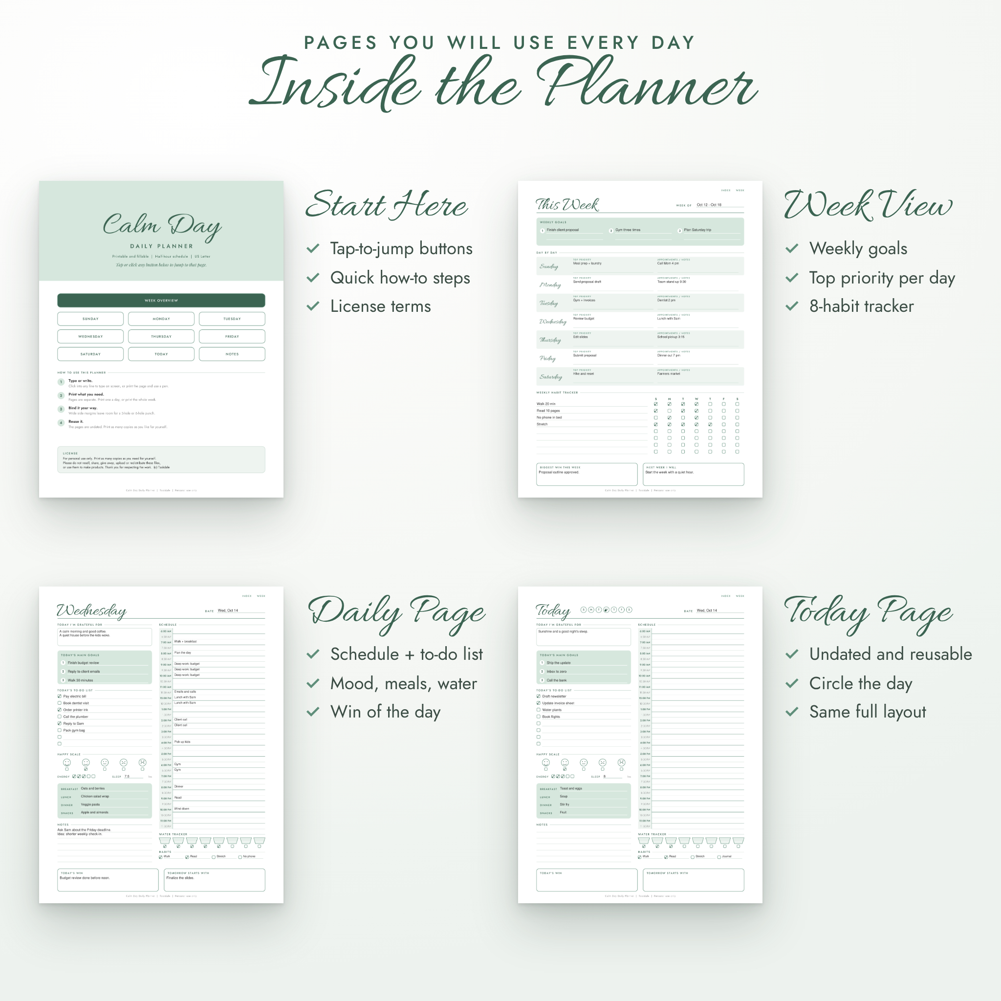 Inside the Calm Day planner: Start Here, Week Overview, daily page and Today page