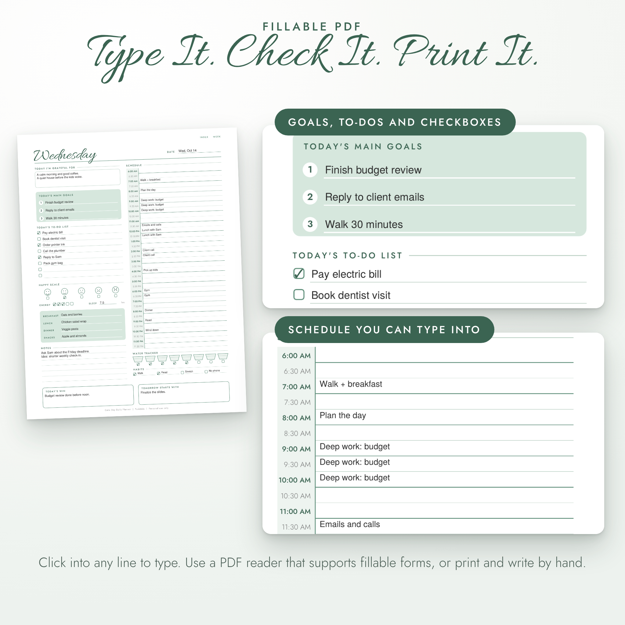 Fillable daily planner PDF with type-in goals, to-do checkboxes and schedule
