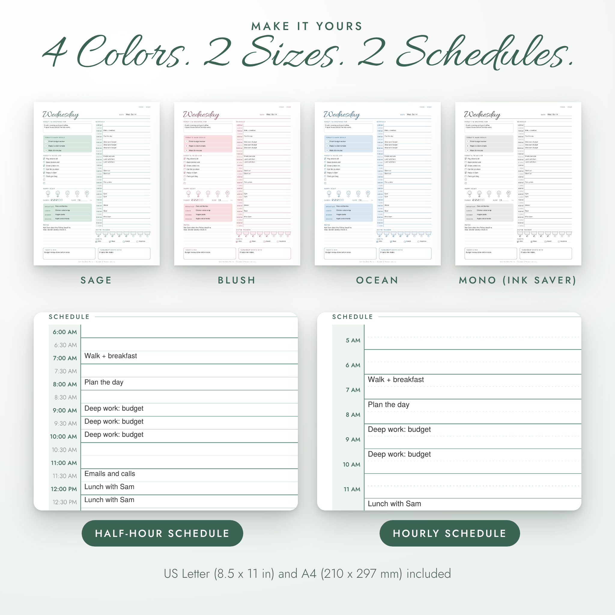 Four colors and half-hour or hourly schedule options for the Calm Day planner