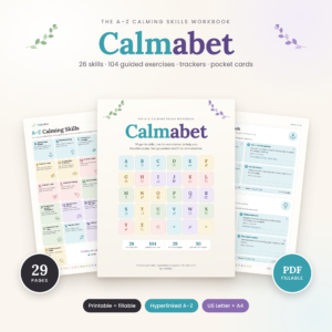 Calmabet A-Z calming skills workbook cover with quick reference and skill pages
