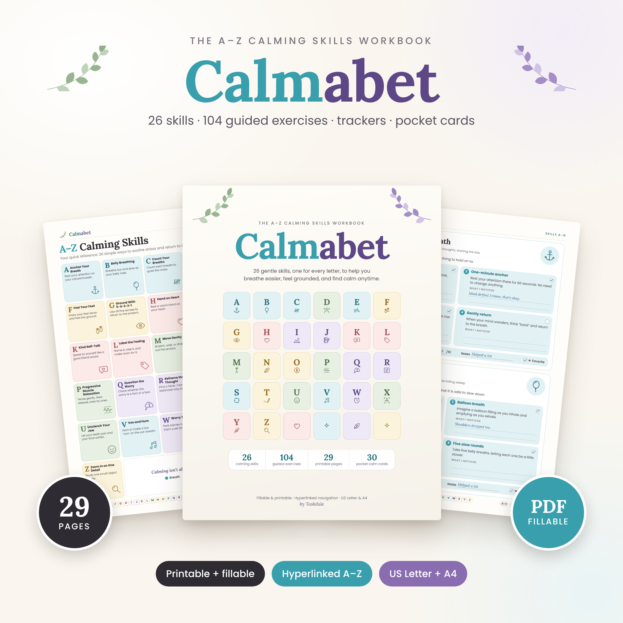 Calmabet A-Z calming skills workbook cover with quick reference and skill pages