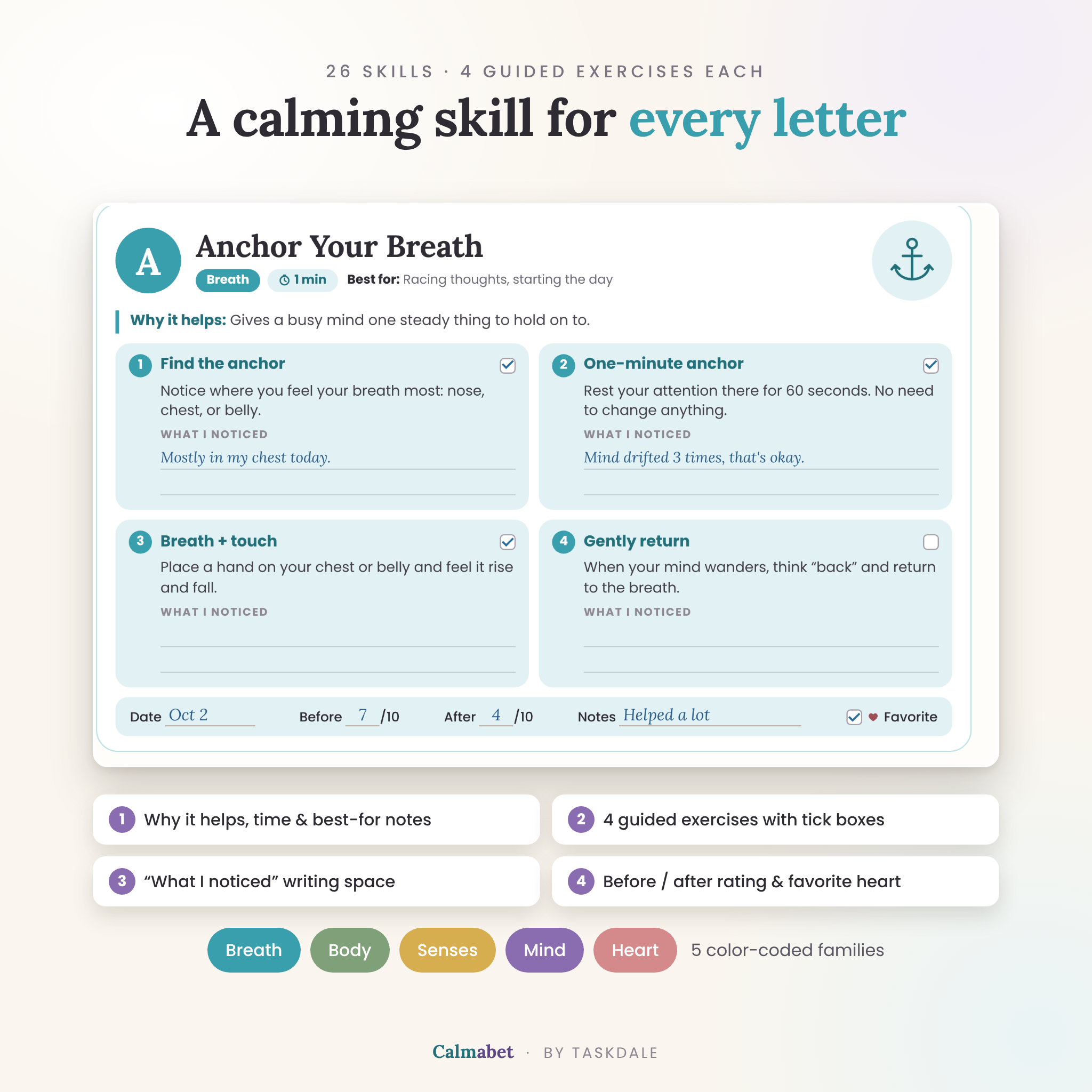 Anchor Your Breath skill page with four guided exercises and before and after rating