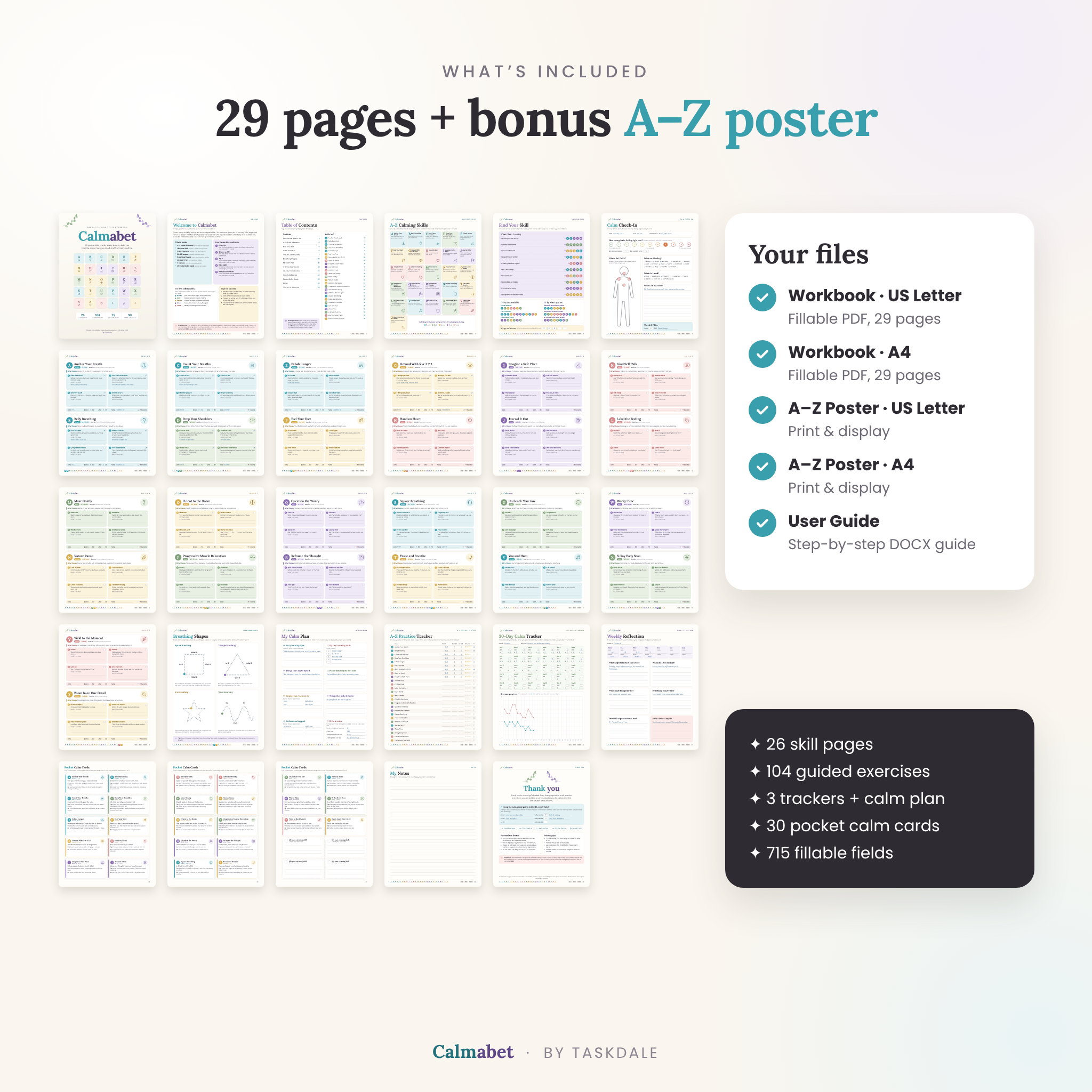 All 29 pages included in the Calmabet calming skills workbook plus bonus poster and user guide