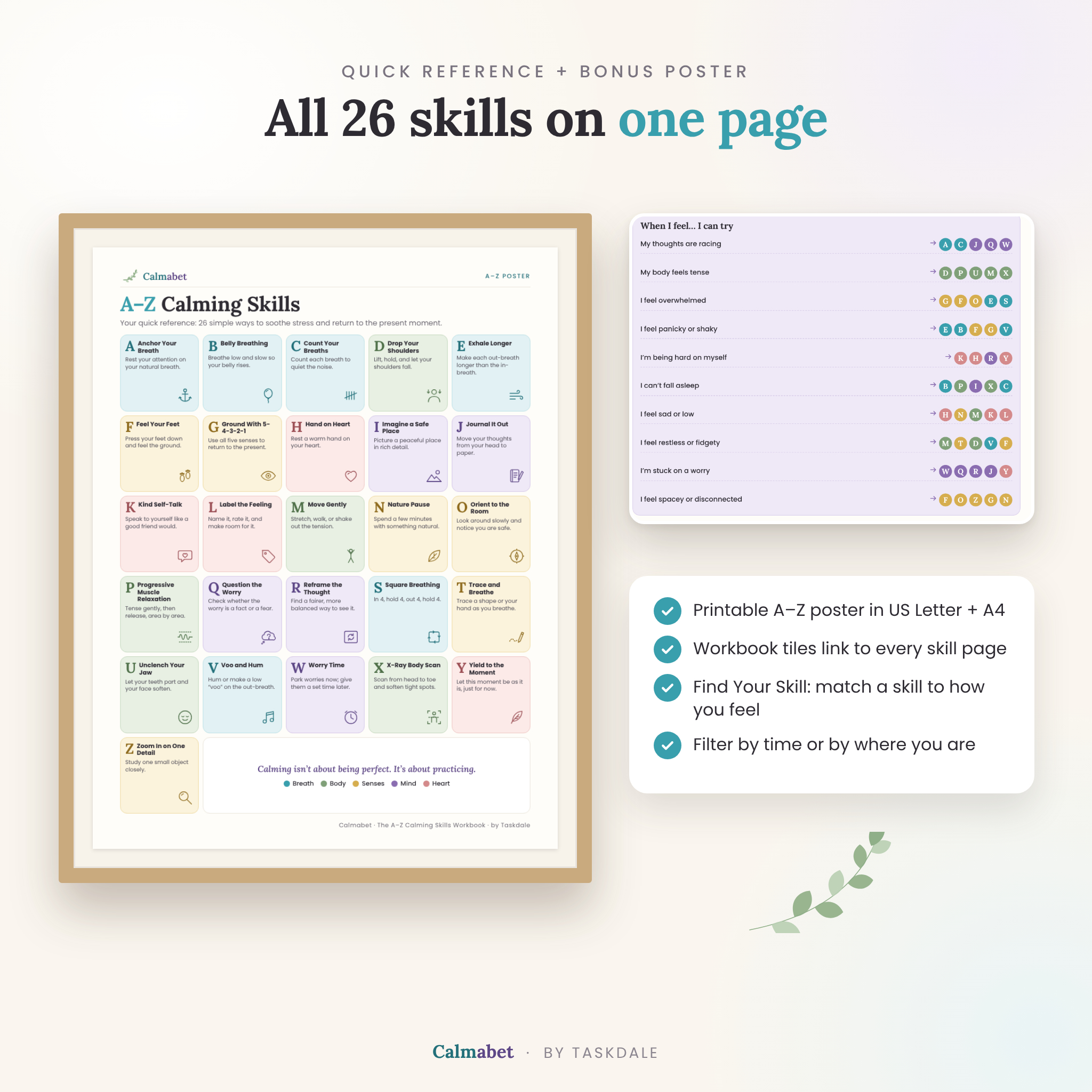 A-Z calming skills quick reference poster in a frame and Find Your Skill page
