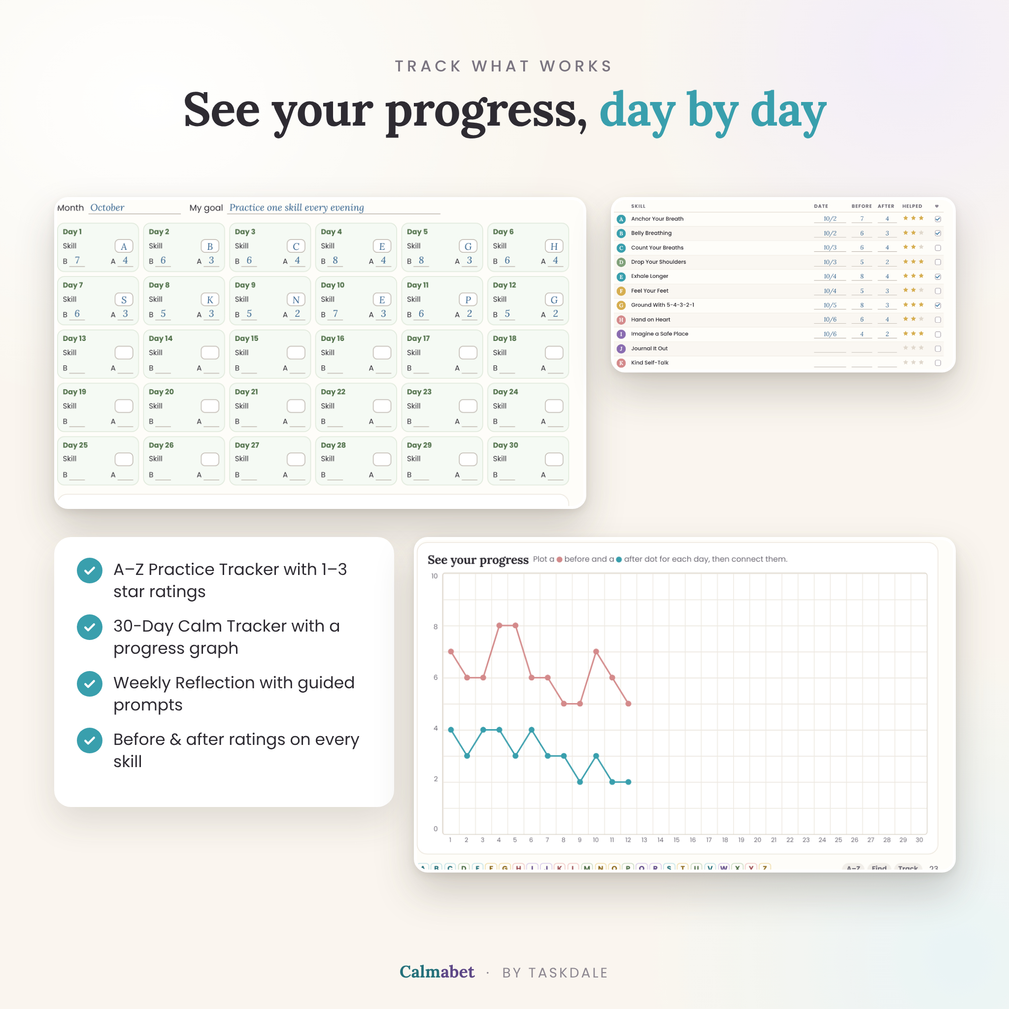 30-day calm tracker, A-Z practice tracker and progress graph