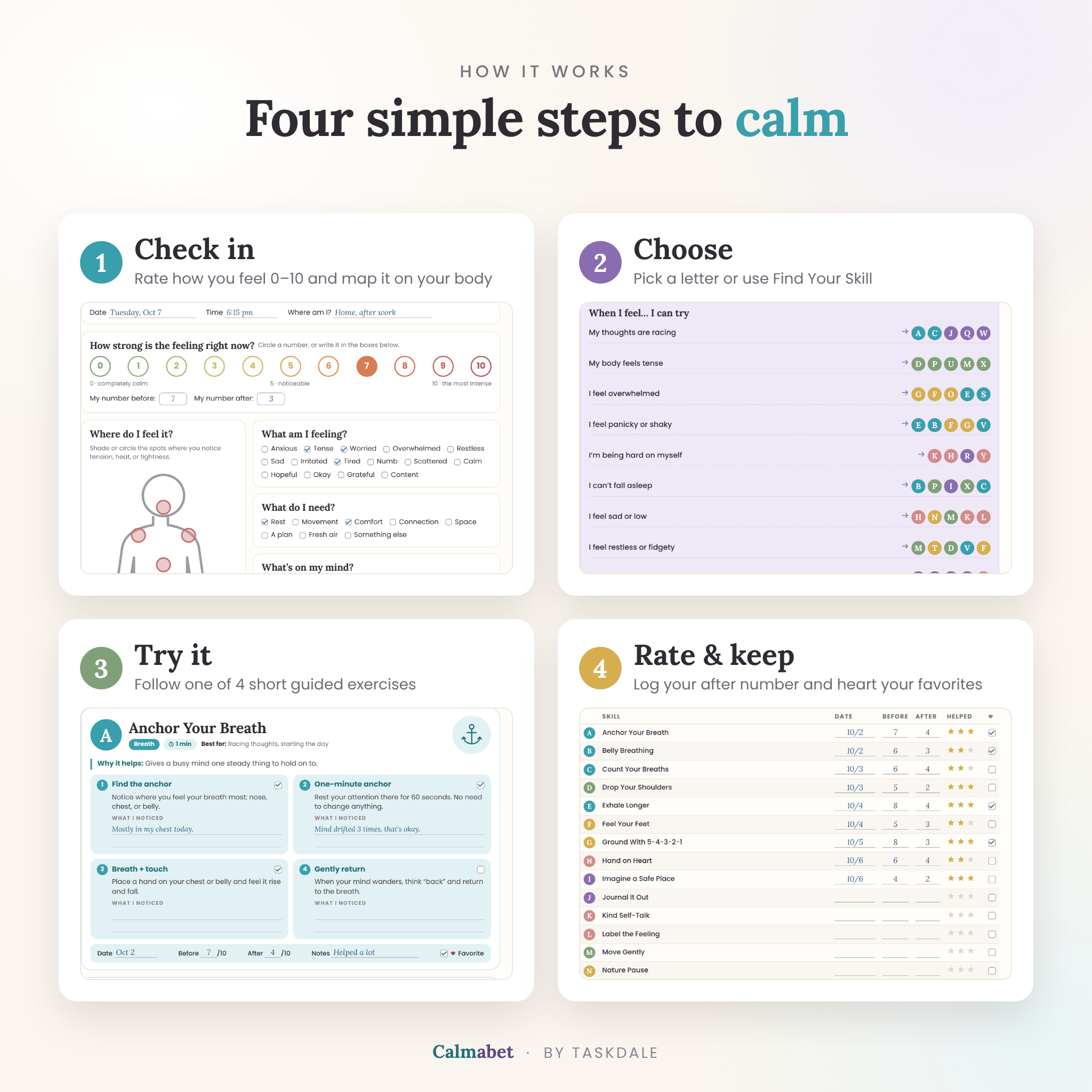 How the calming workbook works: check in, choose, try it, rate and keep