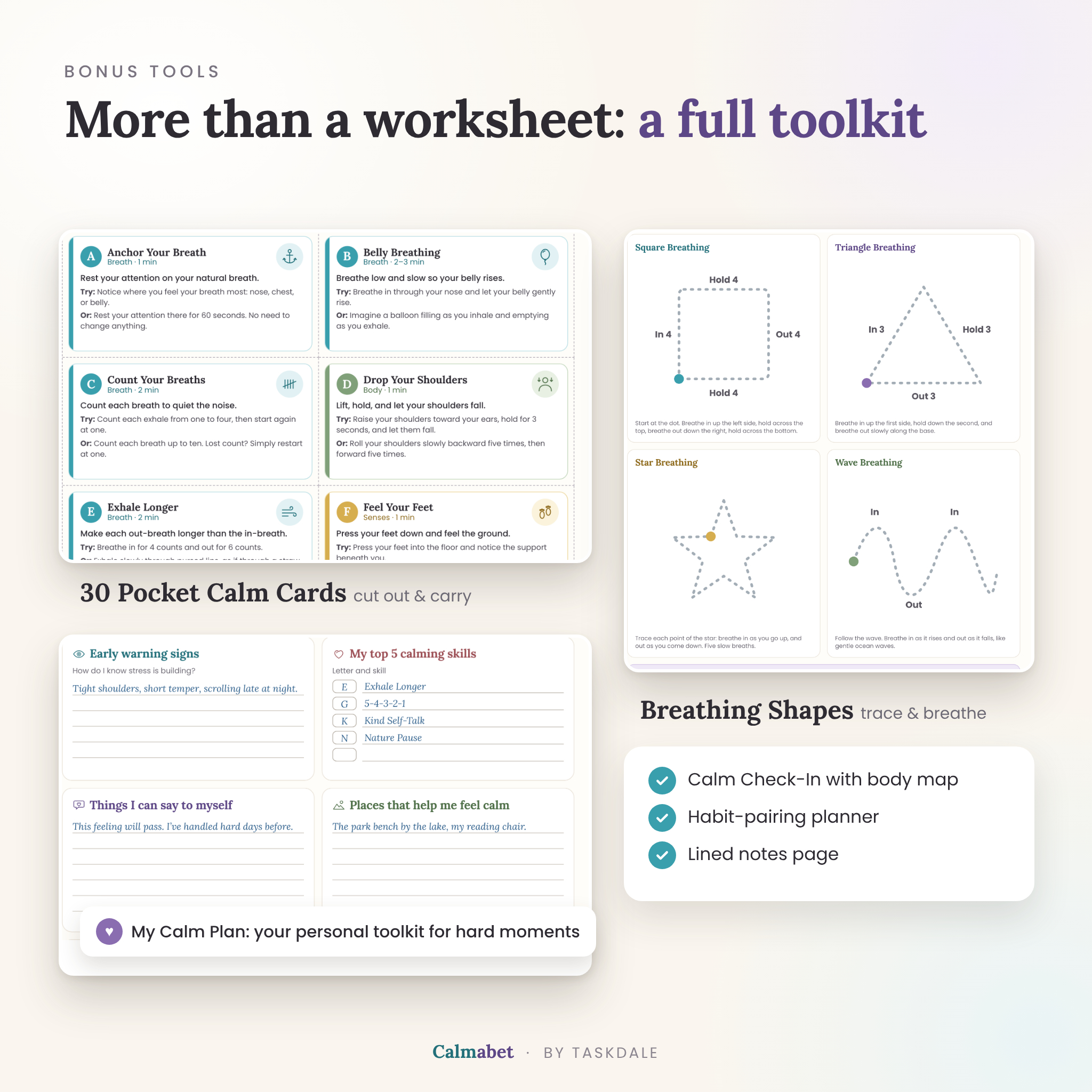 Pocket calm cards, breathing shapes and My Calm Plan pages