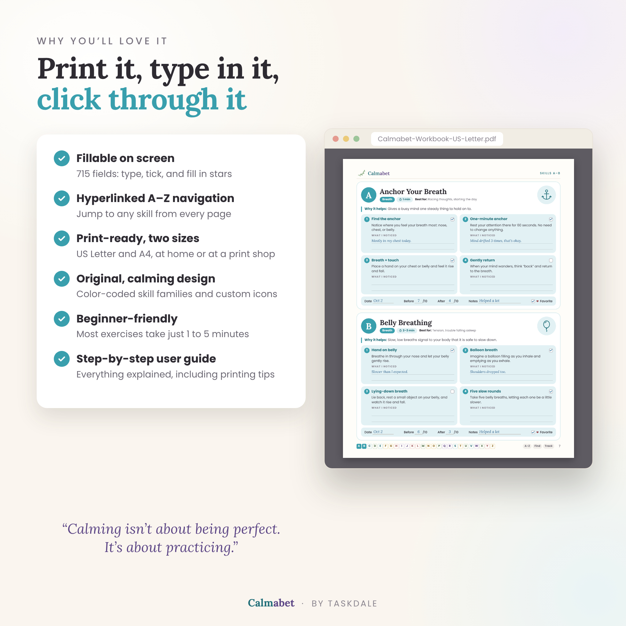 Fillable, hyperlinked and printable calming skills workbook benefits