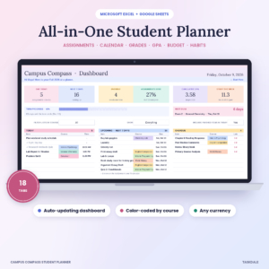 Campus Compass student planner spreadsheet dashboard on a laptop