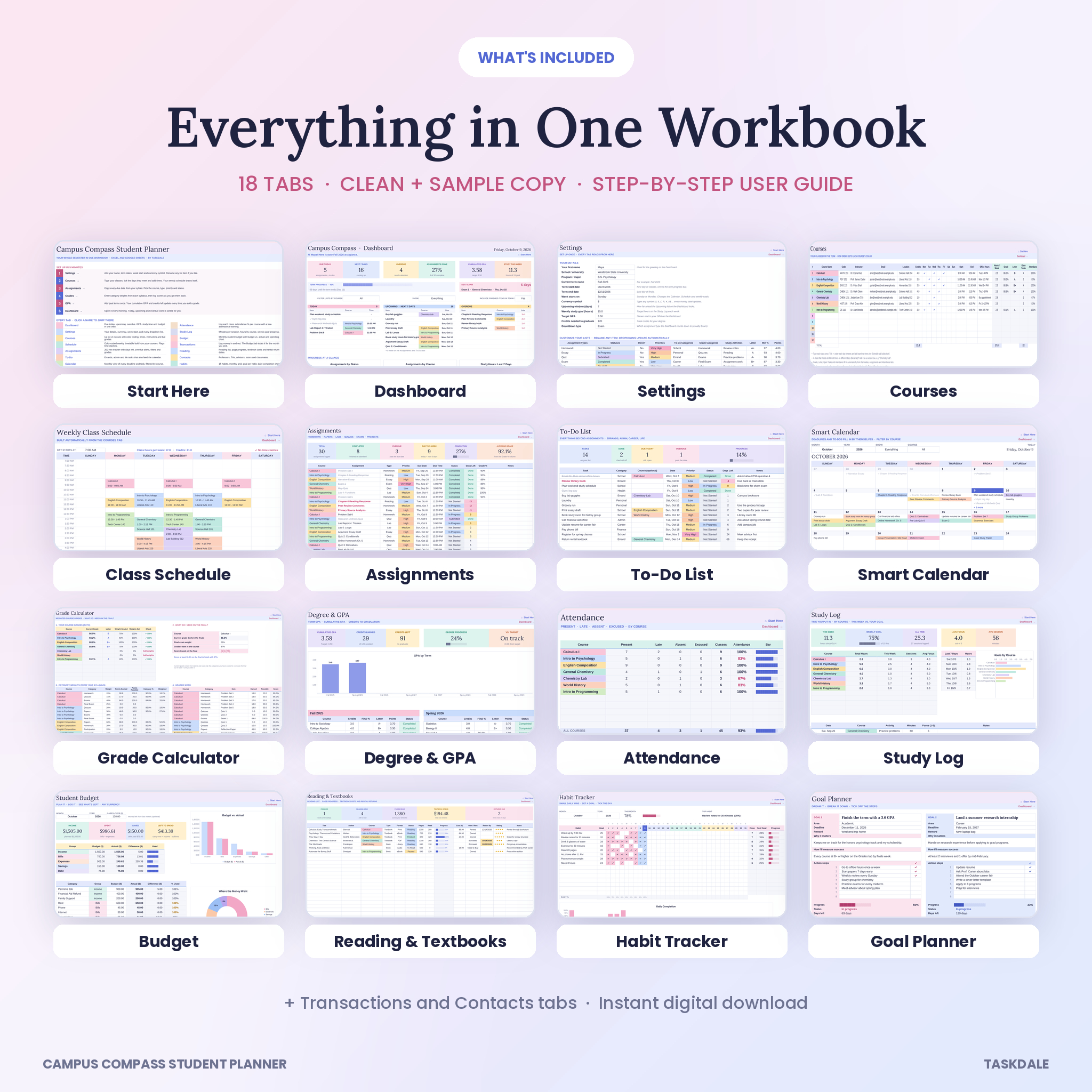 What is included: 18 tabs of the student planner spreadsheet